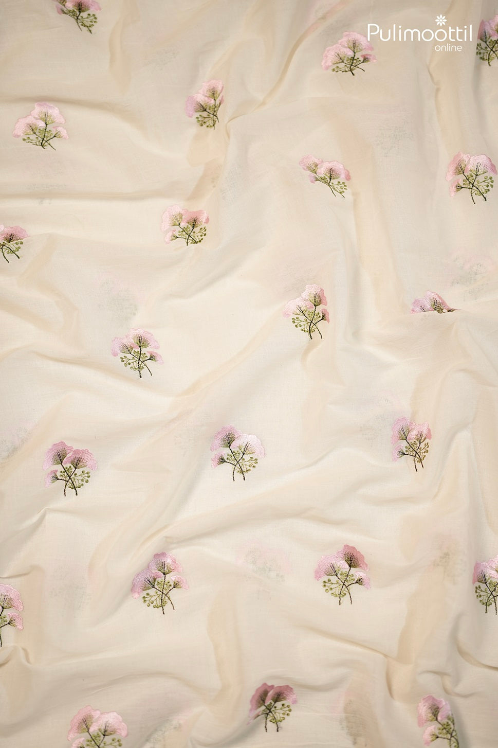 Off-White Semi Chanderi Fabric With Pink Floral Embroidery
