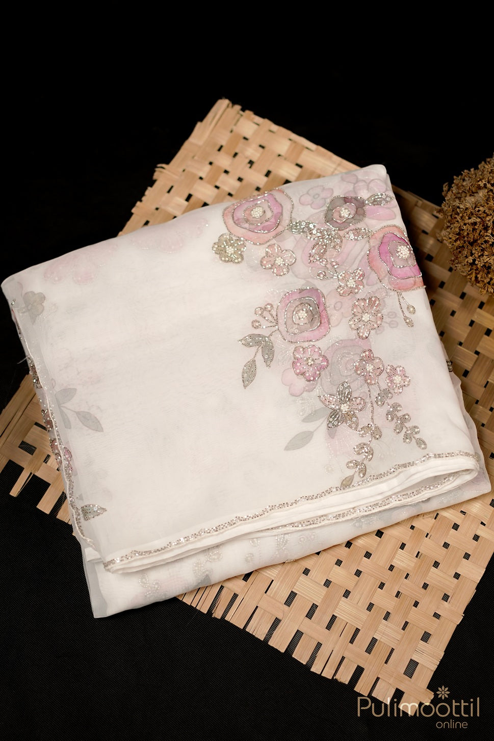 White Colour Organza Fancy Saree.