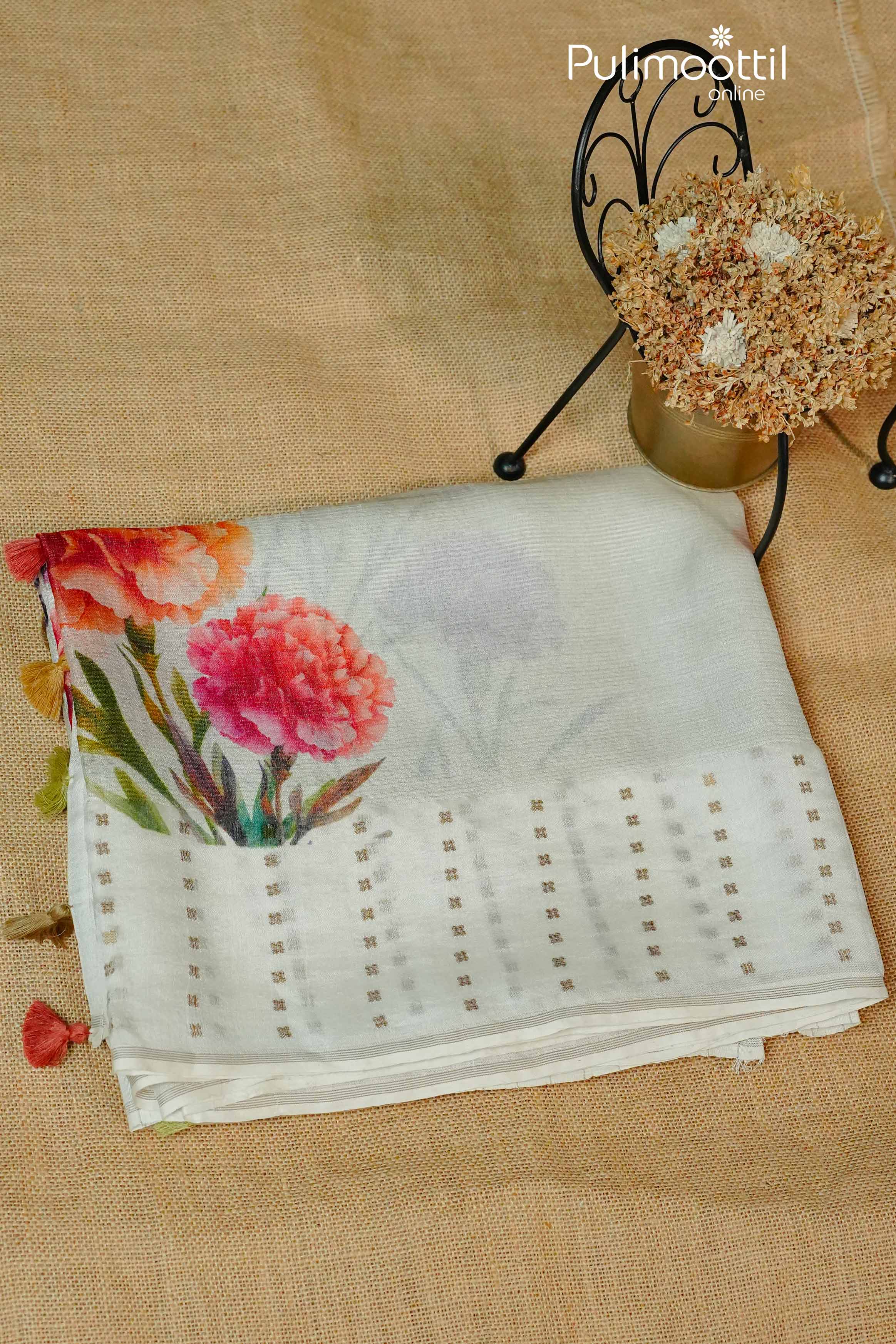 Cream Colour Silky Cotta Silk Saree.