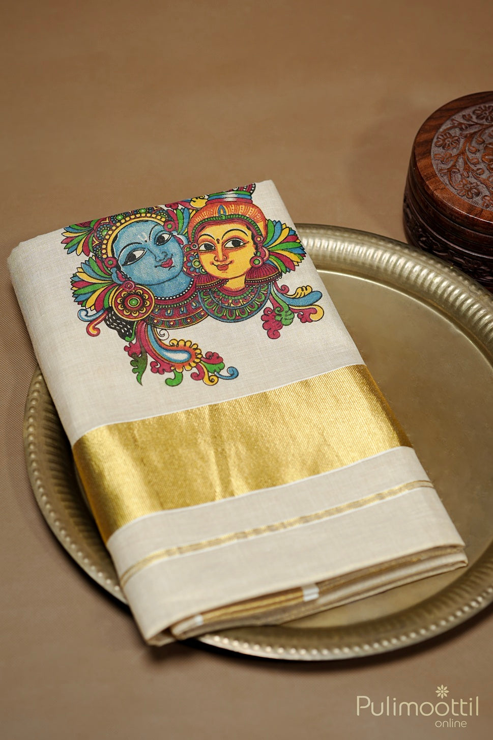 Kerala Golden Tissue Mural Print Set Saree.