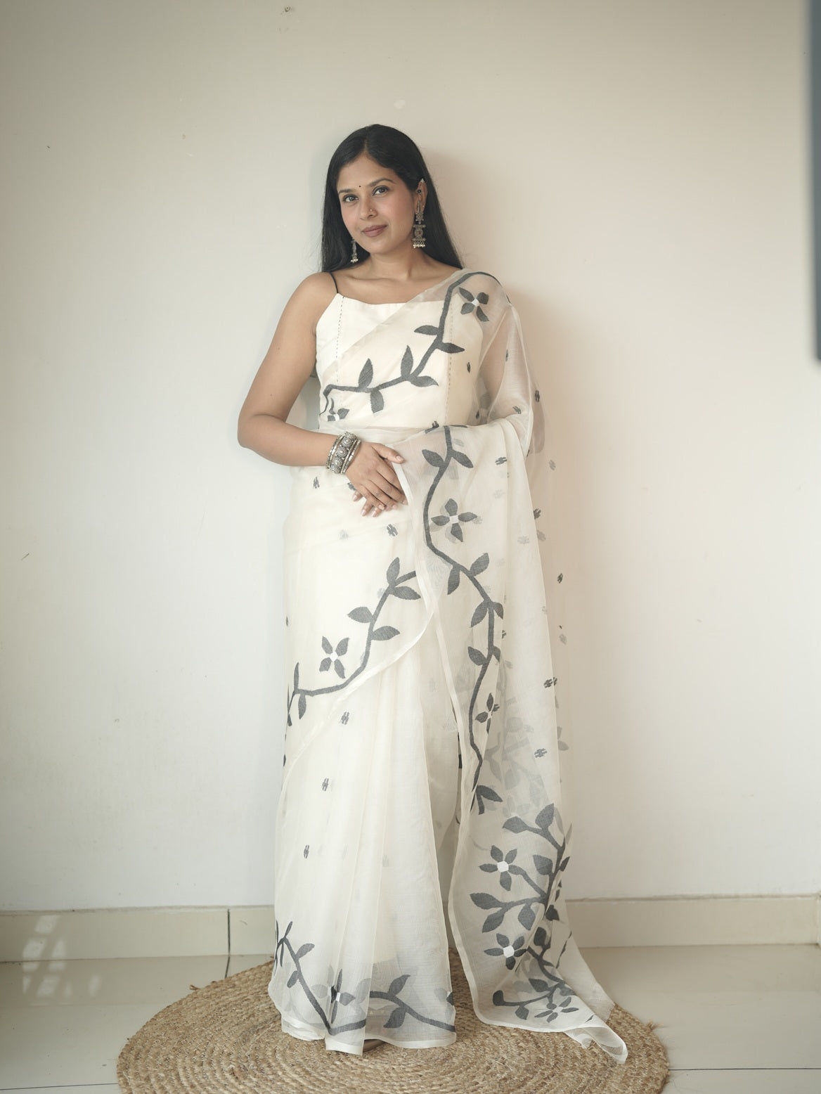 Organza Jamdhani Cream Colour Saree.