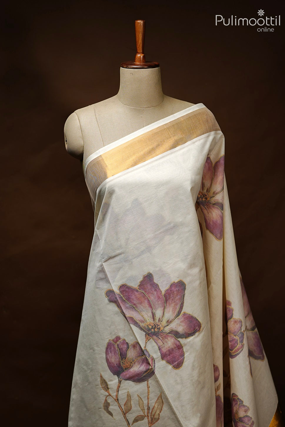 Cream Colour Kerala Cotton Printed Set Saree.