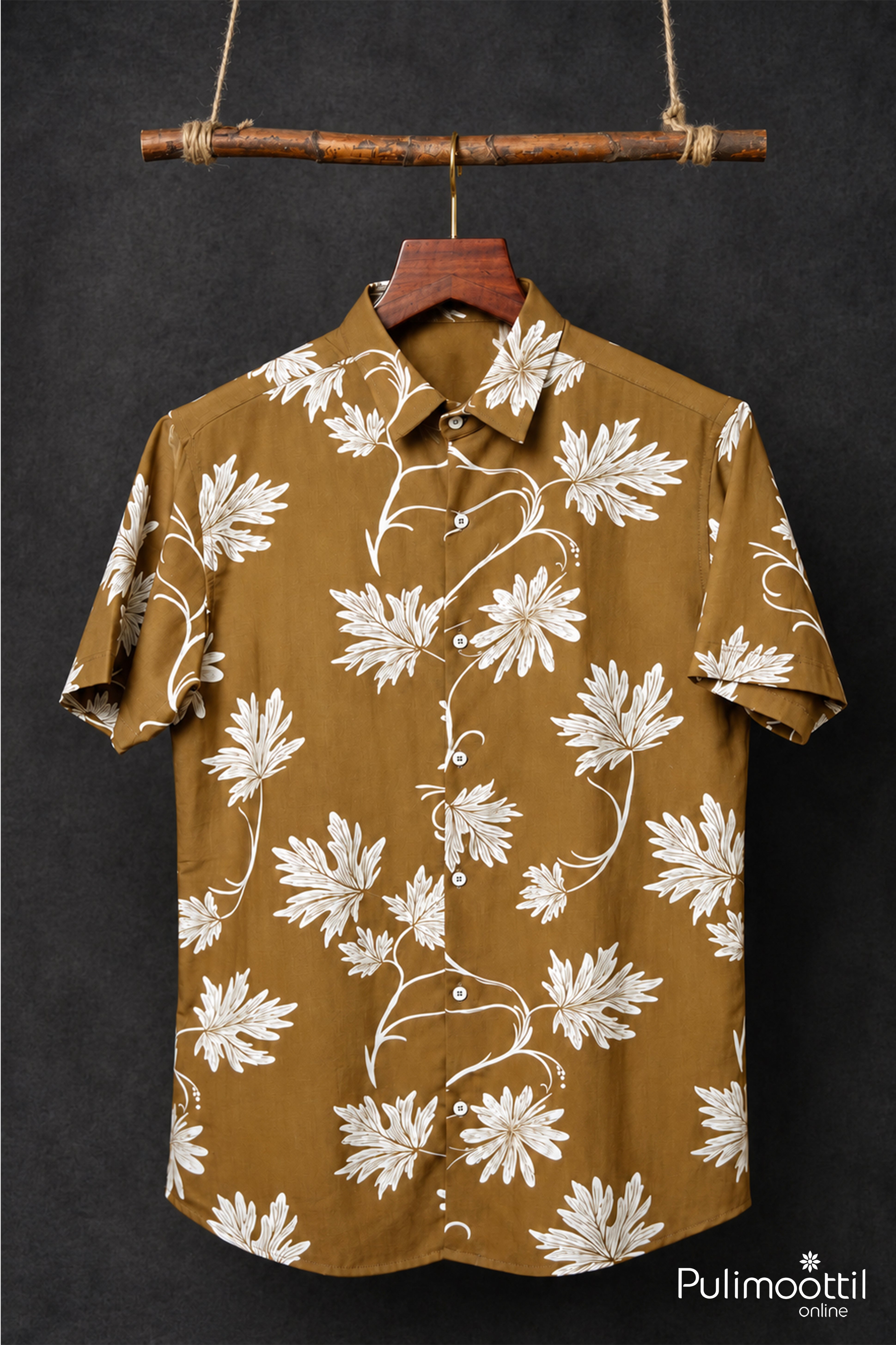 Mustard Brown Fabric Featuring White Botanical Floral Prints