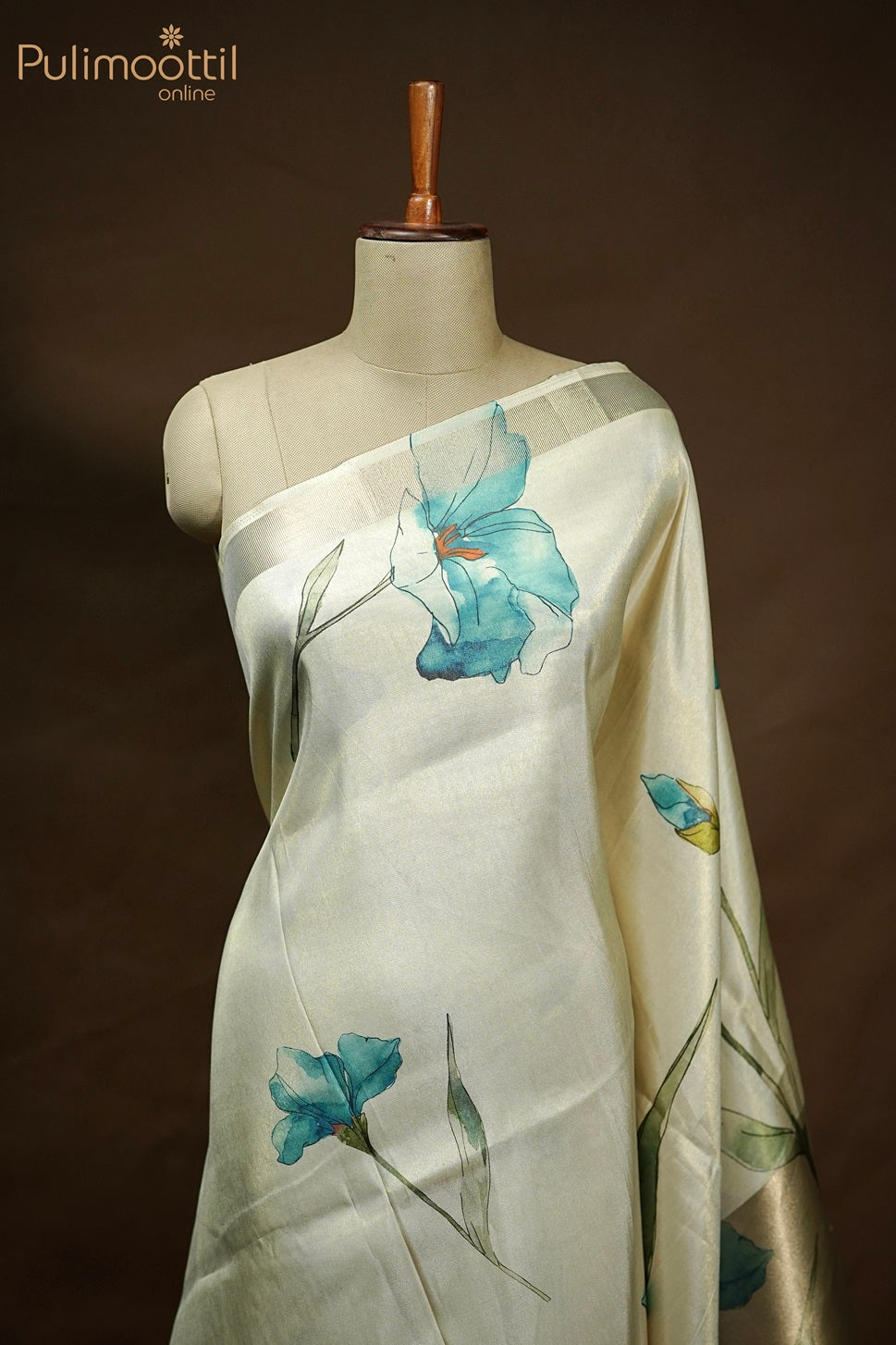Cream Colour Kerala Golden Tissue Printed Fancy Saree.