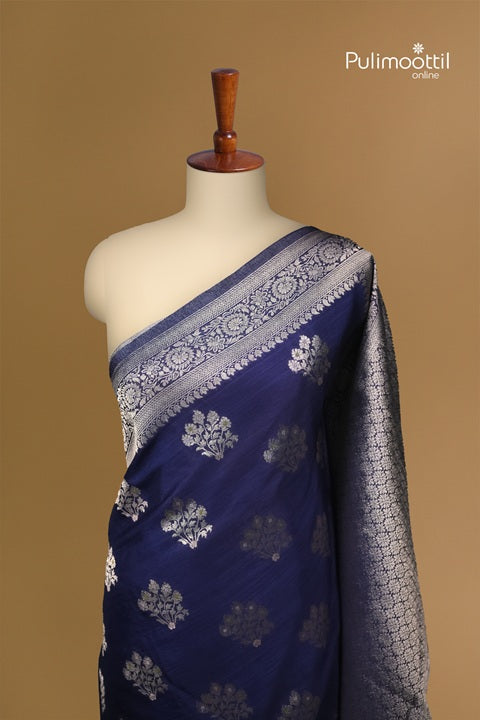 Navy Blue Semi Jute Saree With Zari Butta Work.
