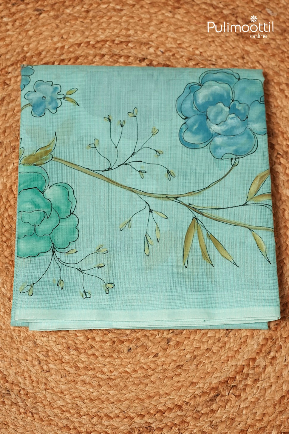 Mint Blue Colour Net Cotta Free Hand Floral Painting Saree