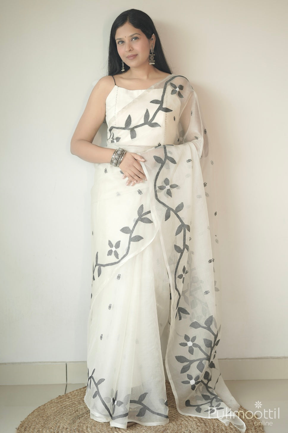 Organsa Jamdhani Cream Colour Saree.