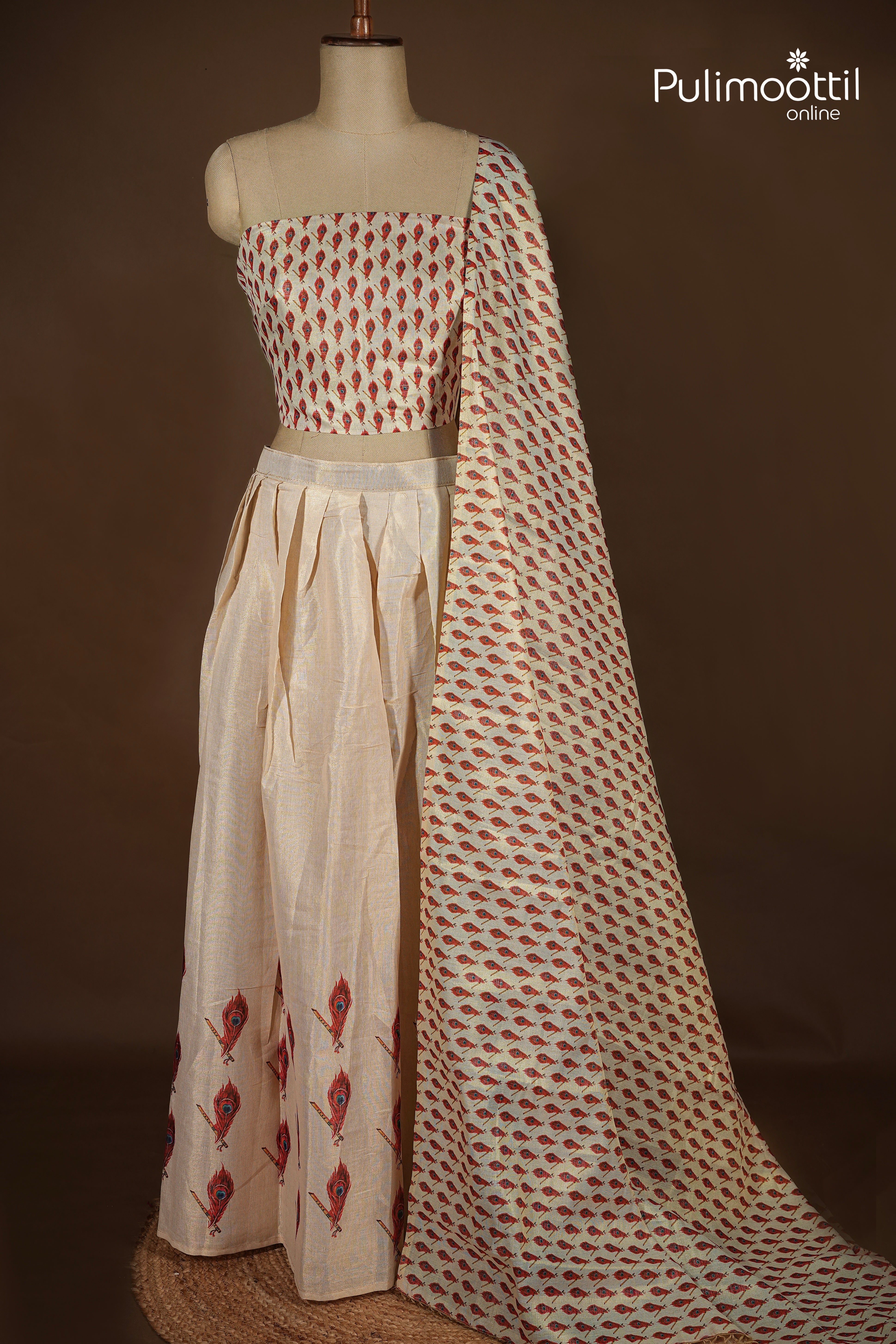 Ready-to-Stitch Kerala Traditional Golden Tissue Dhavani Set