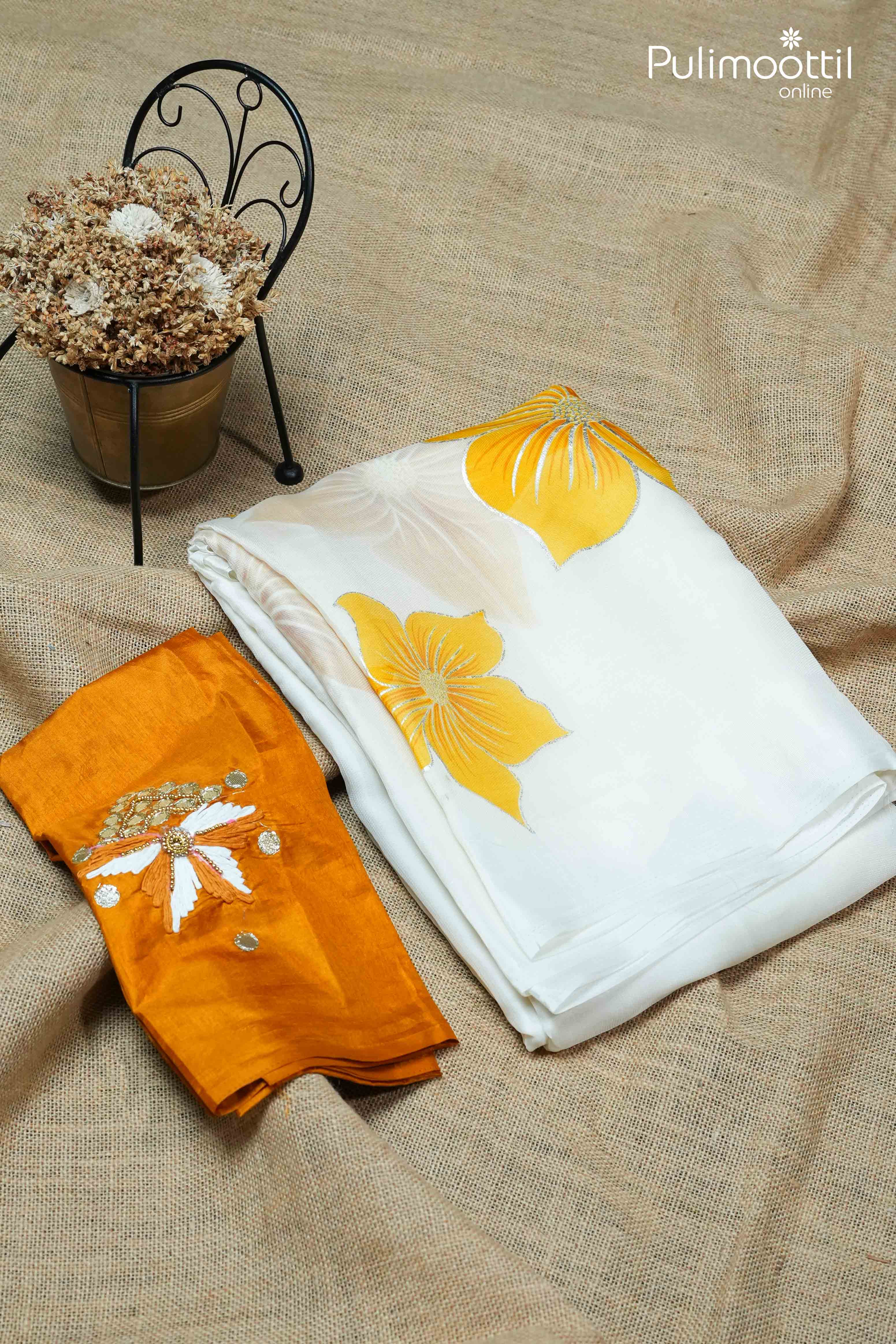 Off White Colour Semi Soft Organza Saree.