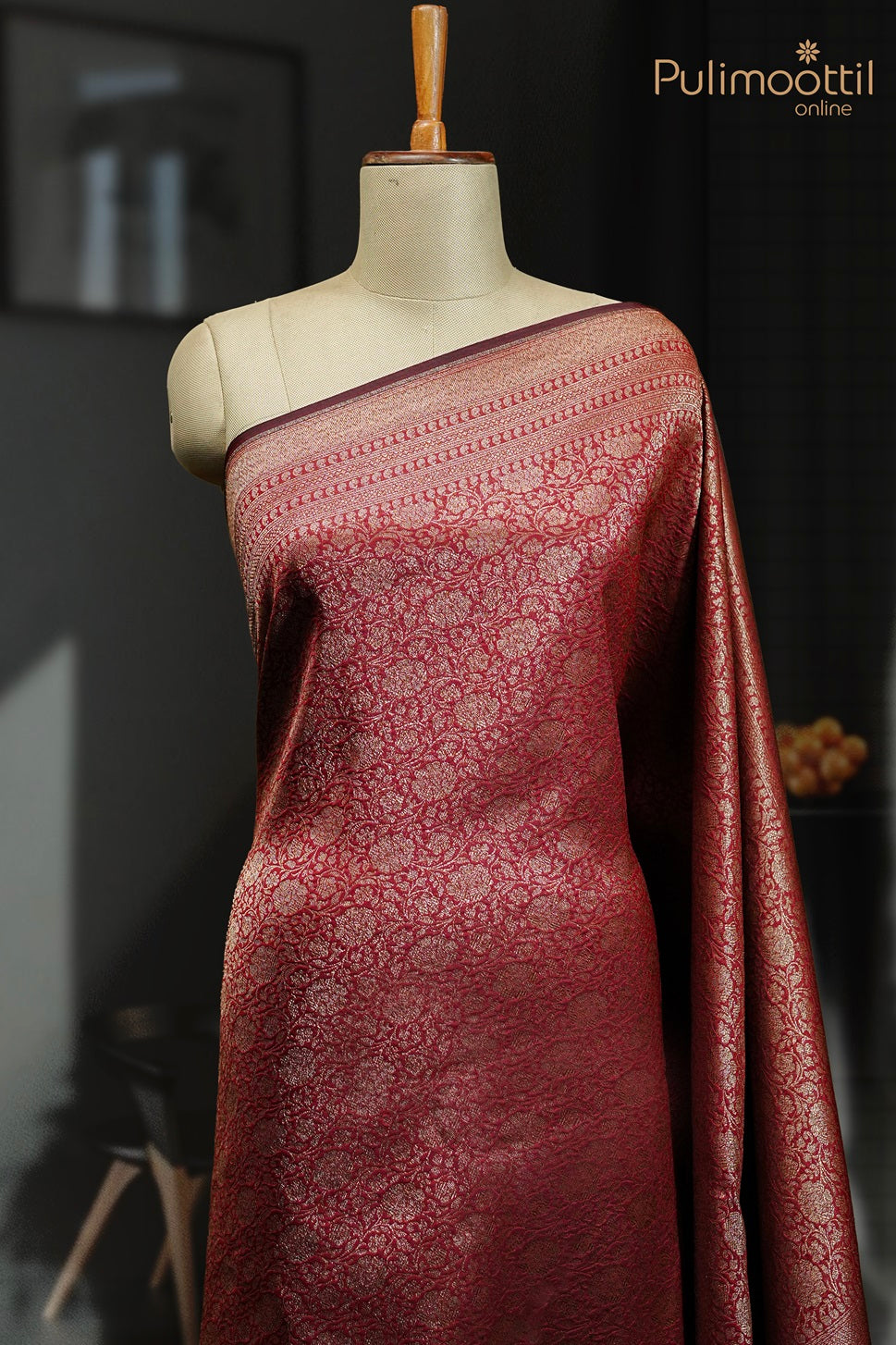 Dark Meroon Katan Banarasi Silk Saree.