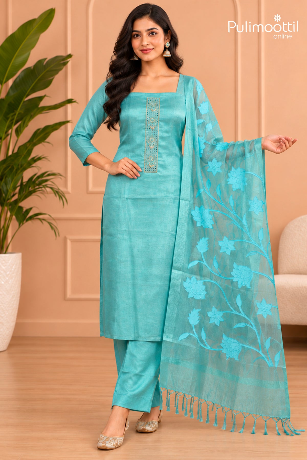 Sky Blue Net Kota Unstitched Salwar Set