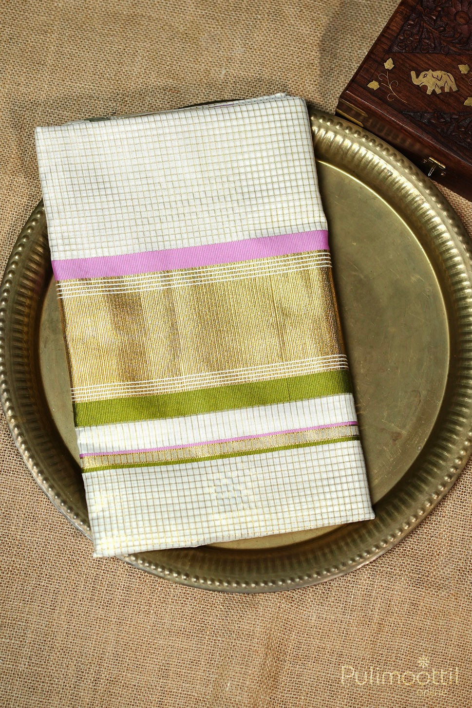 Kerala Cotton Cream Check Double Colour Border Set Saree.