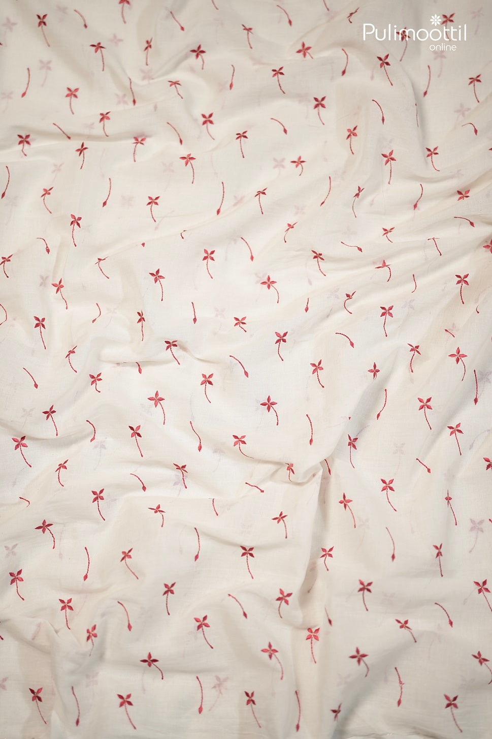 Off-White Color Cotton Fabric With Small Red Floral
