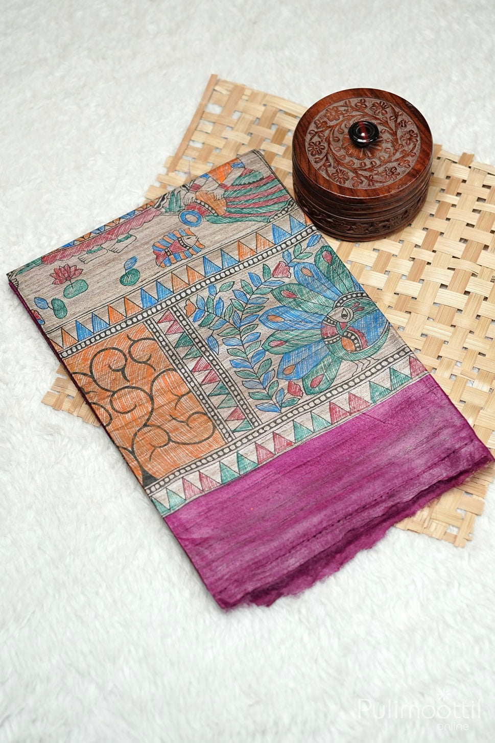 Madhubani Dark Pink Jute Silk Saree.