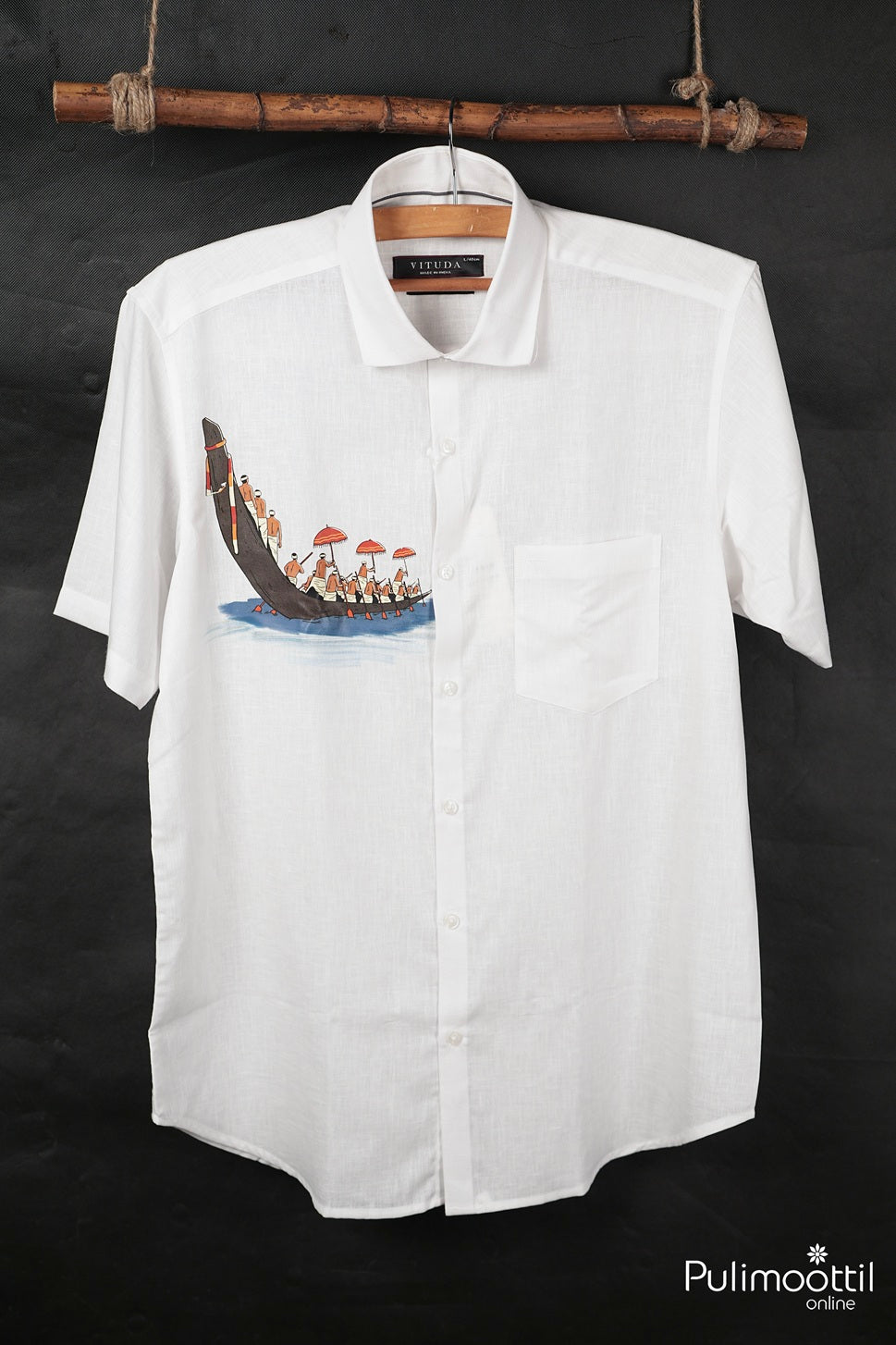 White Color Half Sleeve Mens Shirt With Kerala Traditional Boat Race Print