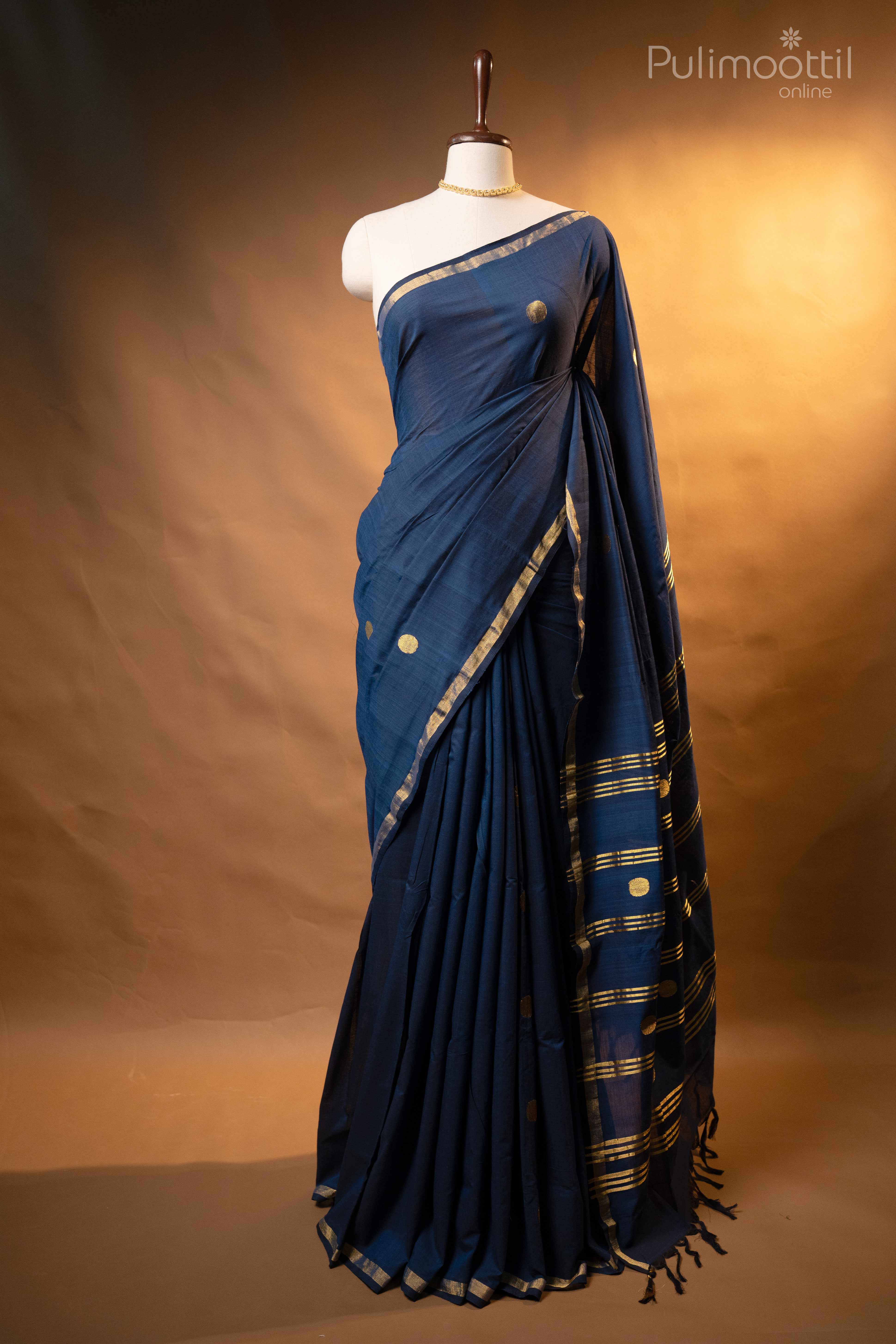 Dark Blue Colour Pure Handloom Saree Cotton Kerala Set Saree