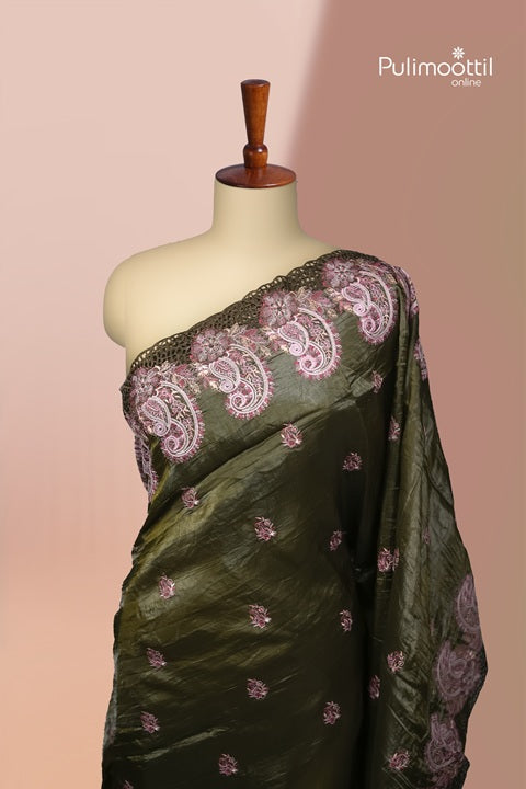 Olive Green Soft Organza Saree With Body Thread Work And Cut Work On Border