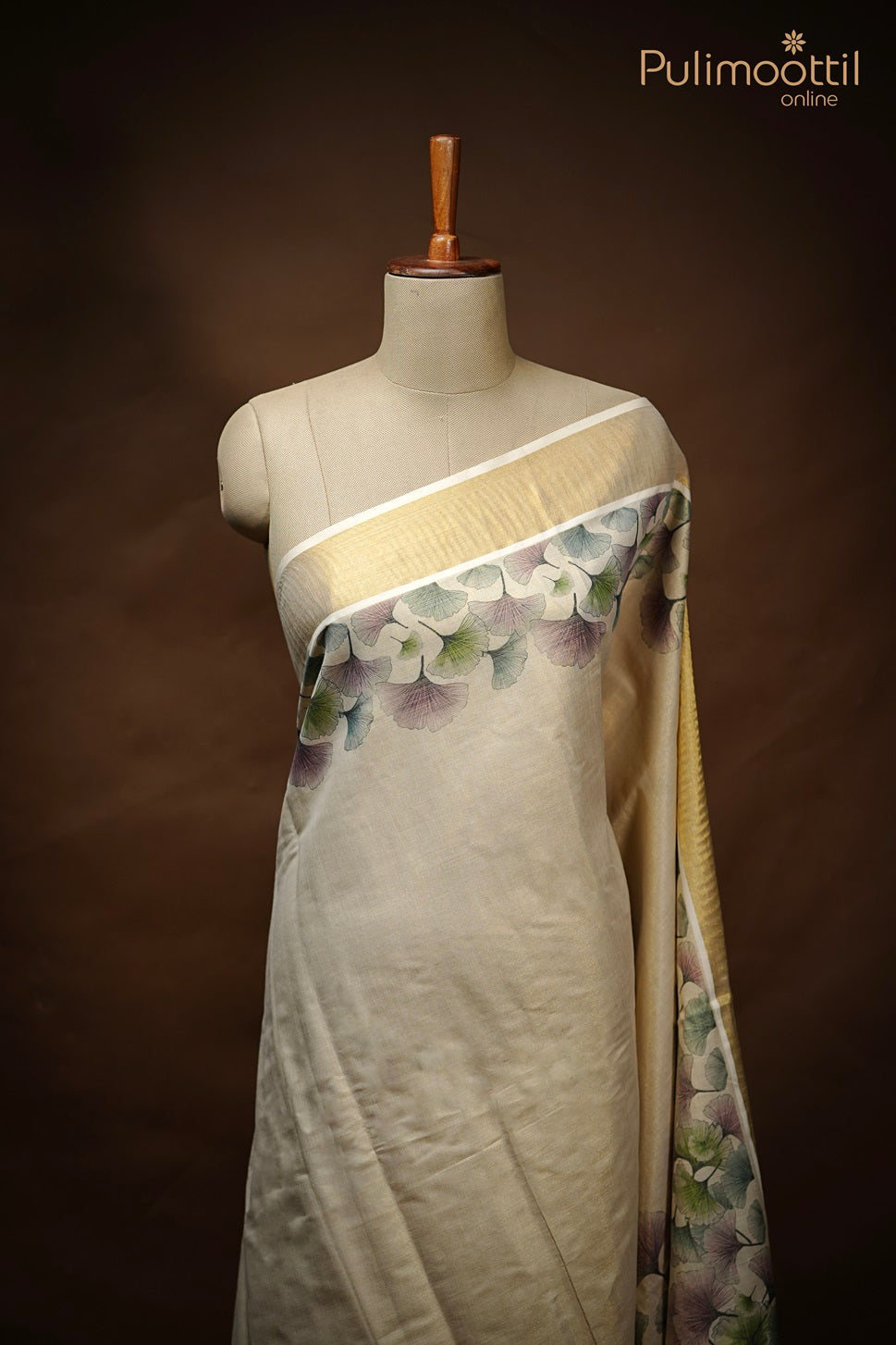 Cream Colour Kerala Golden Tissue Printed Set Saree.