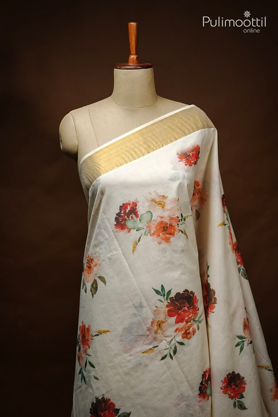 Cream Colour Kerala Cotton Digital Print Set Saree.
