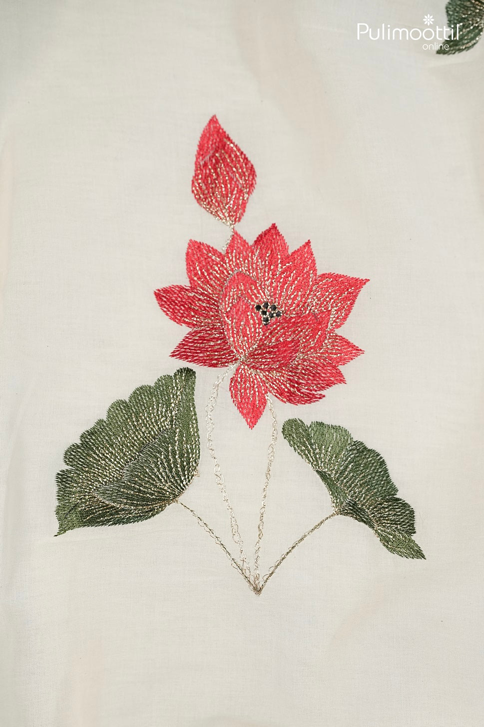Cream Cotton Fabric with Bright Red Lotus Design