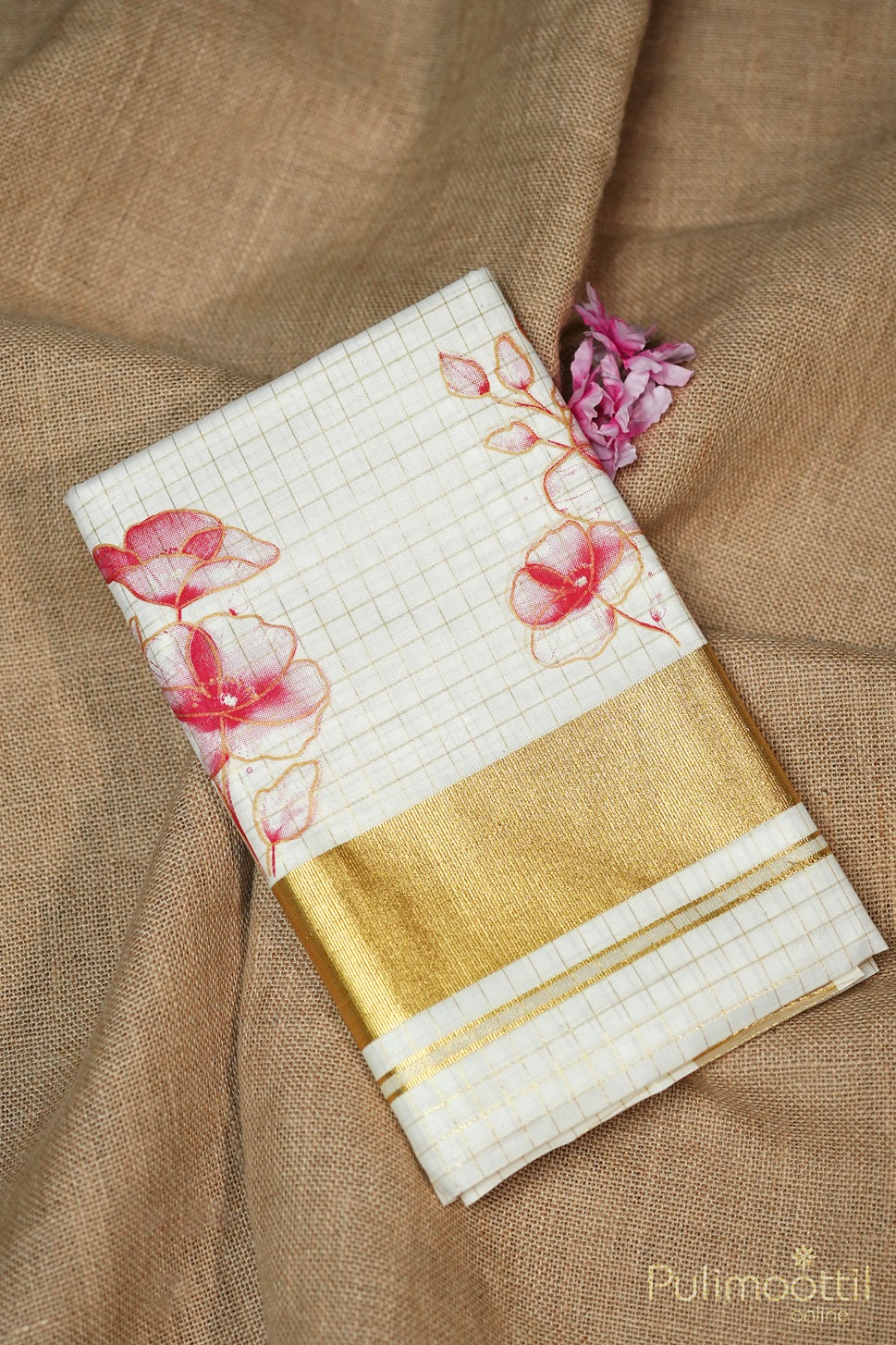 Cream colour Kerala Golden Check And Red Floral Printed Set Saree