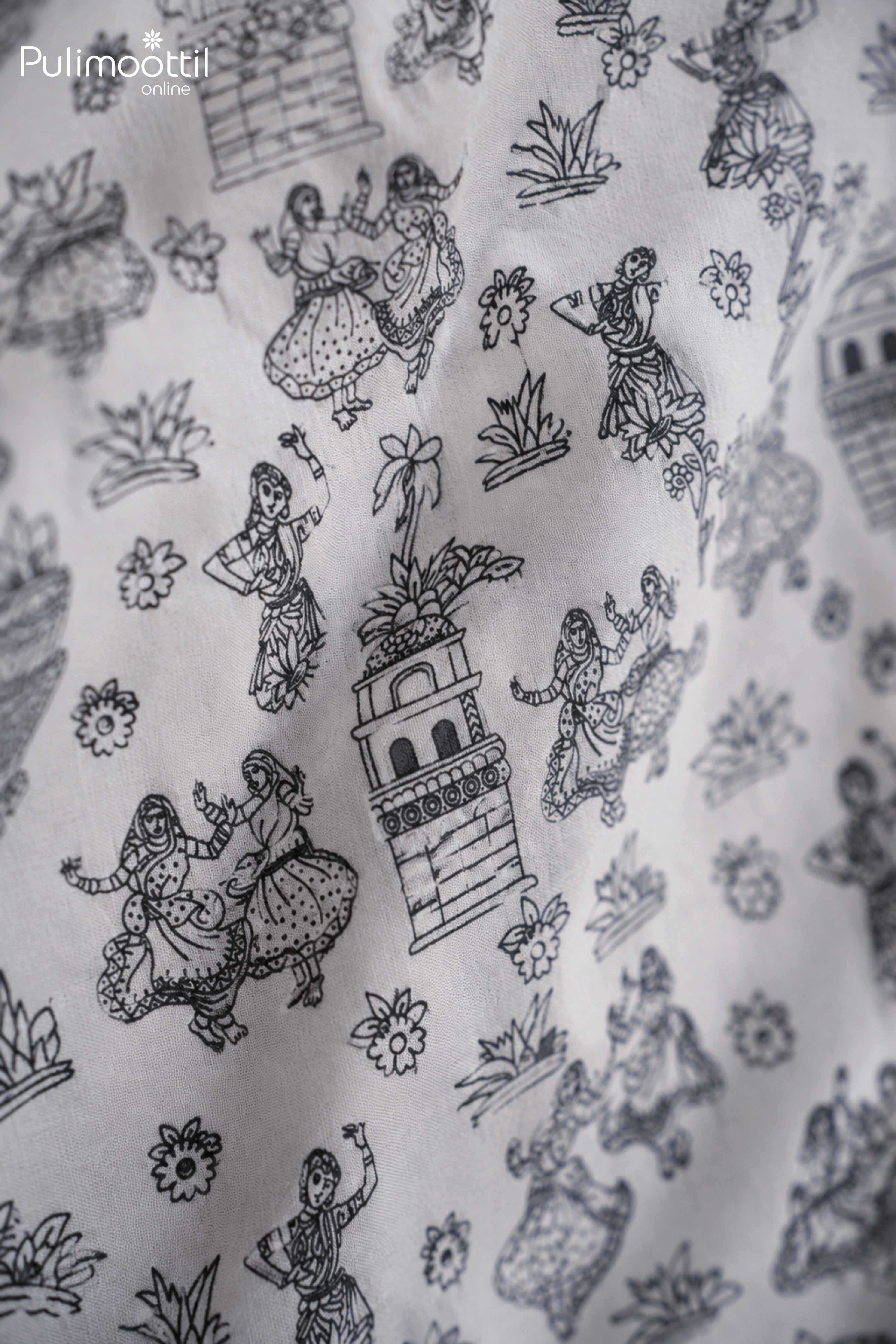 White Color Full Sleeve Mens Kurta With Indian Folk Art Print