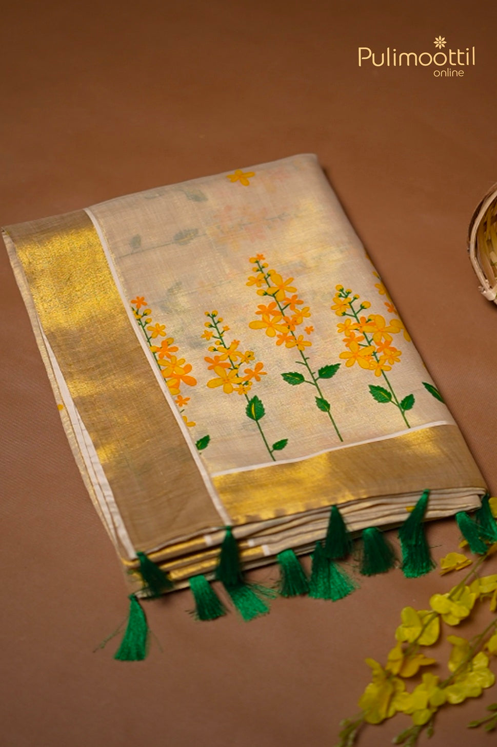 Kerala Traditional Golden Tissue Kanikonna Printed Set Saree