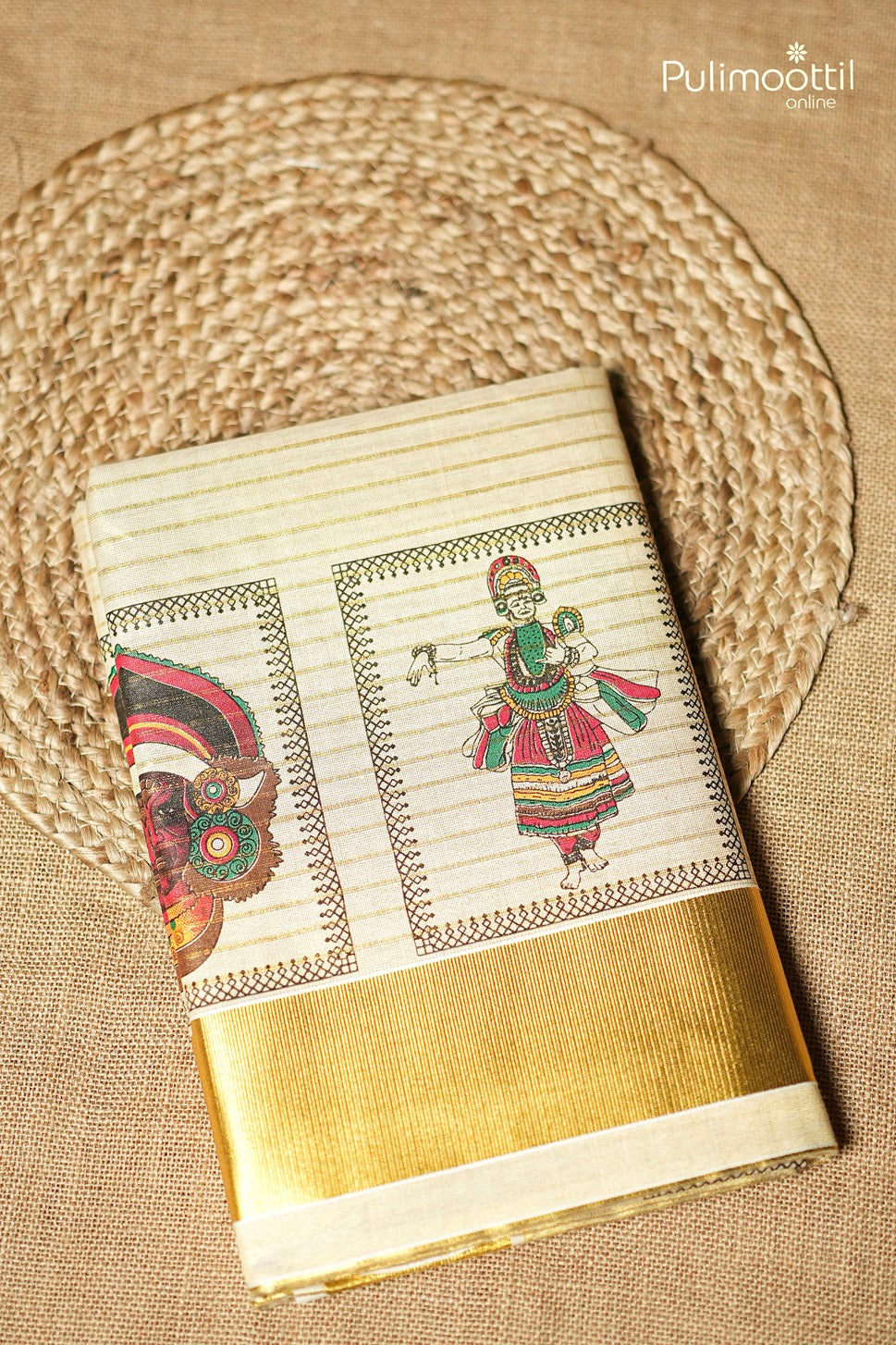 Kerala Traditional Art Form Golden Printed Tissue Set Saree