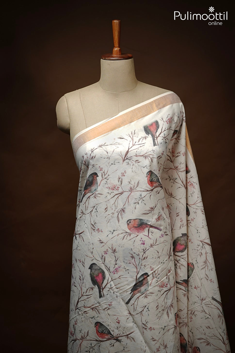 Cream Colour Kerala Birds Print Set&nbsp; Saree.