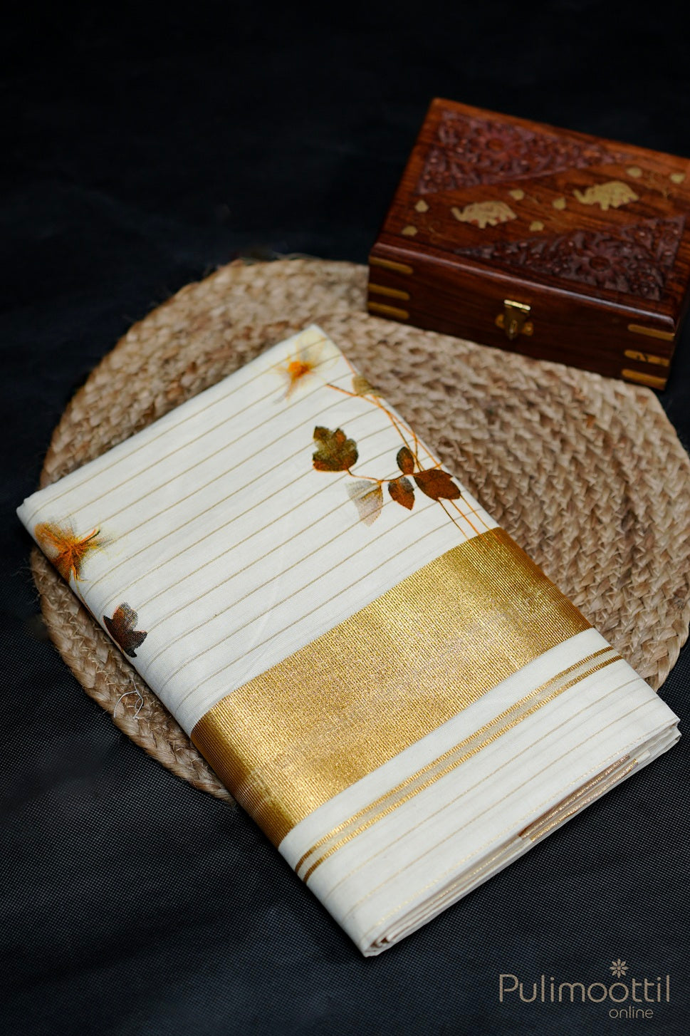 Kerala Cream Colour Digital Print Set Saree.