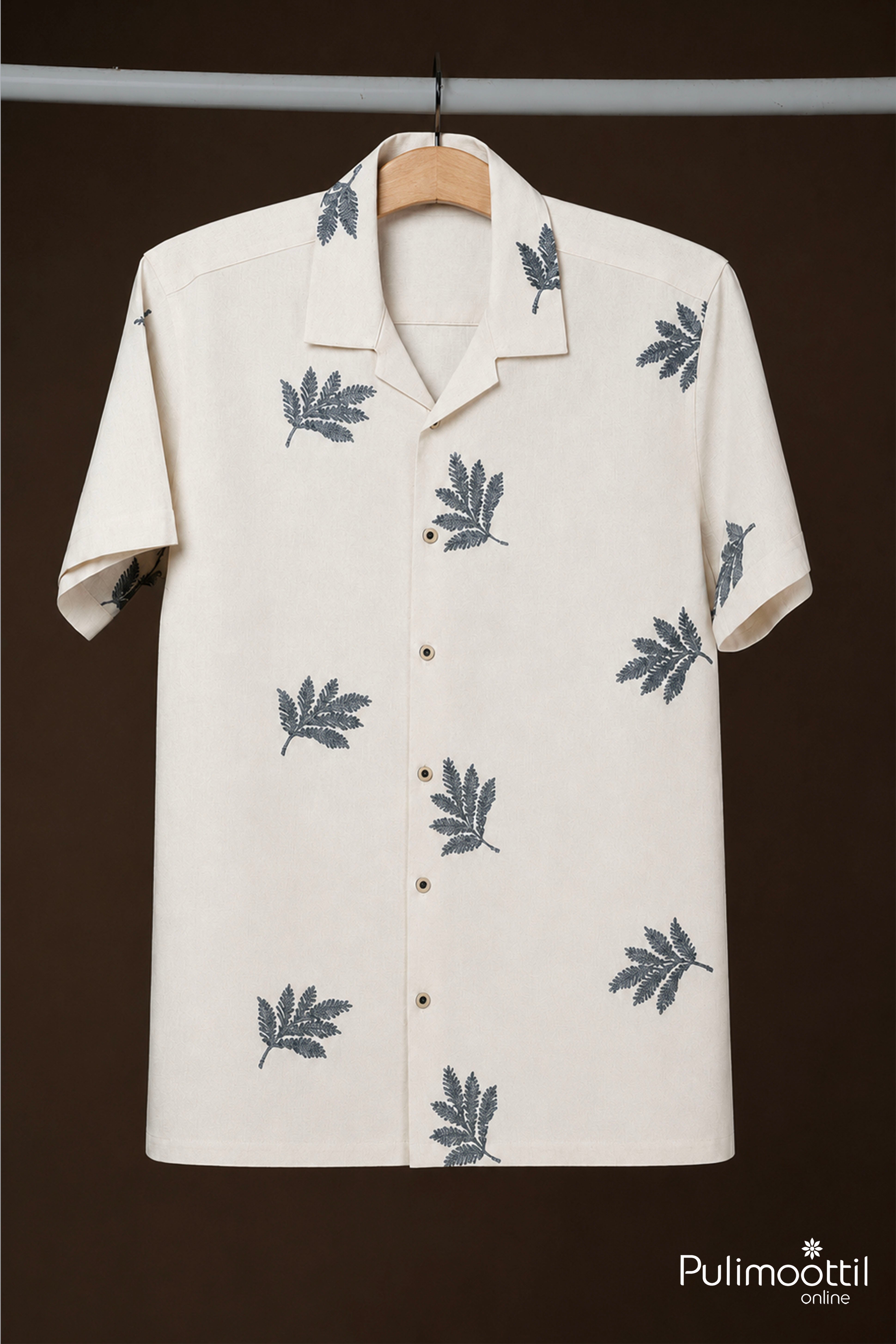 Off White Color Half Sleeve Mens Shirt With Embroidered Leaf Motif