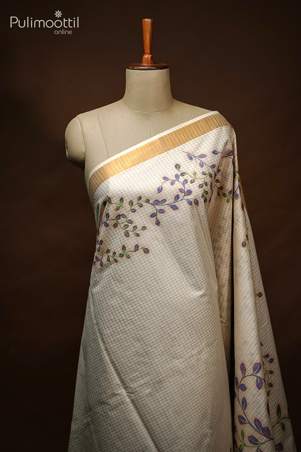 Cream Colour Kerala Cotton Golden Check Set Saree.