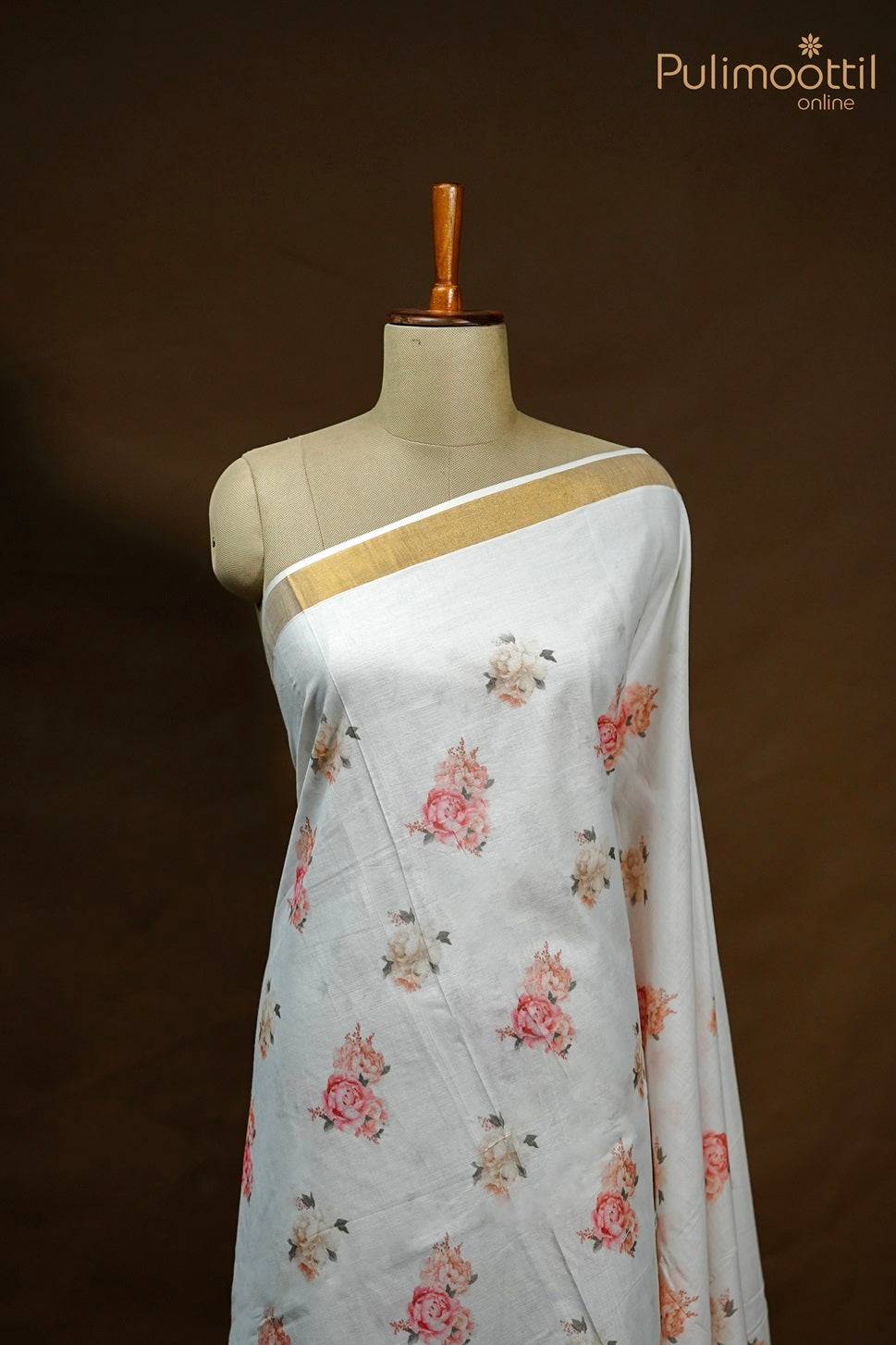 Cream Colour Kerala Cotton Printed Set Saree.