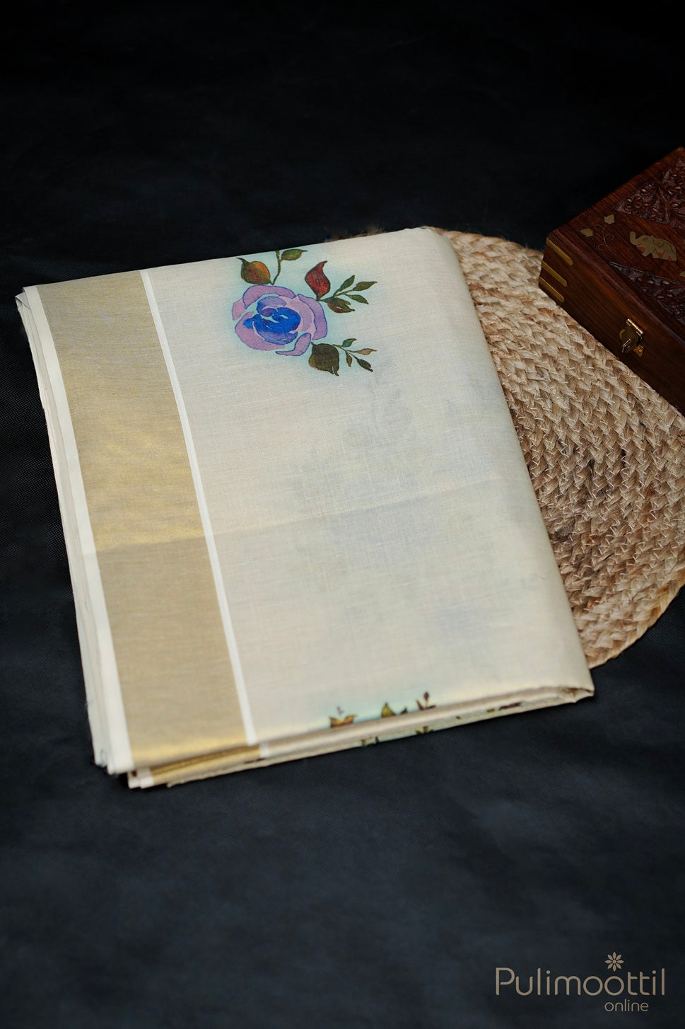 Kerala Golden Tissue Rose Print Set Saree