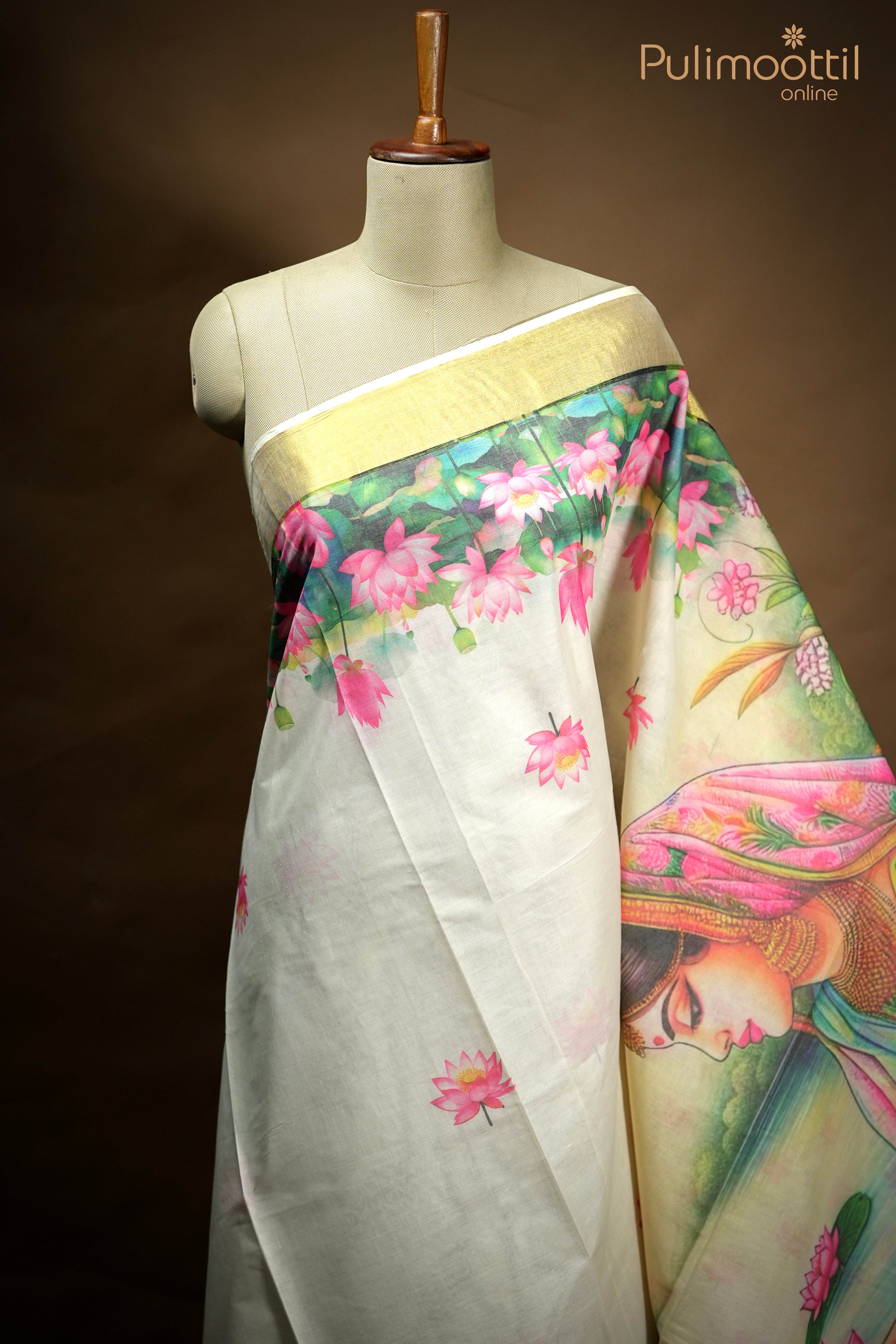 Kerala Traditional Cotton Lotus Print Set Saree.