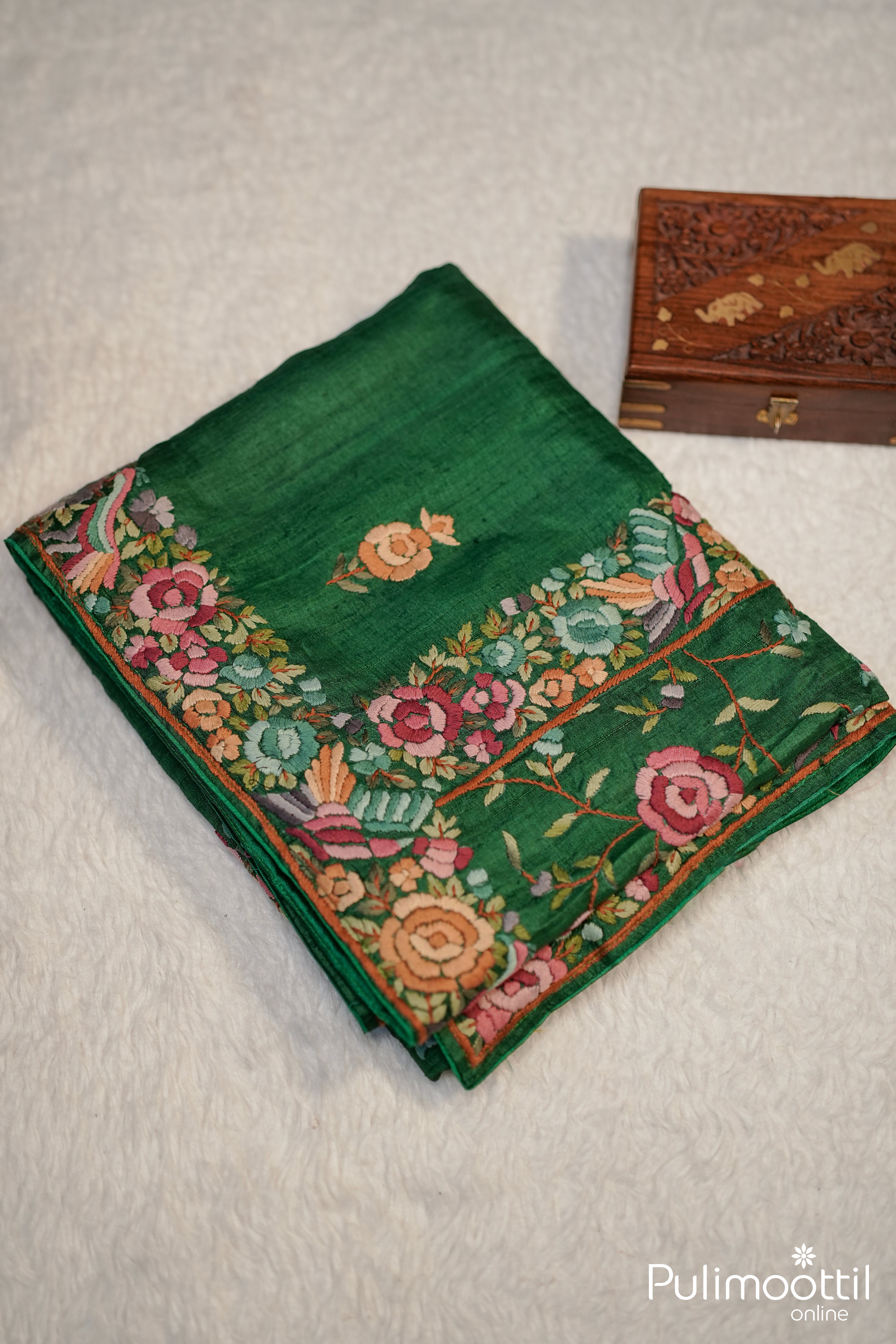 Bottle Green Colour Hand Embroidery Jute Silk Saree.