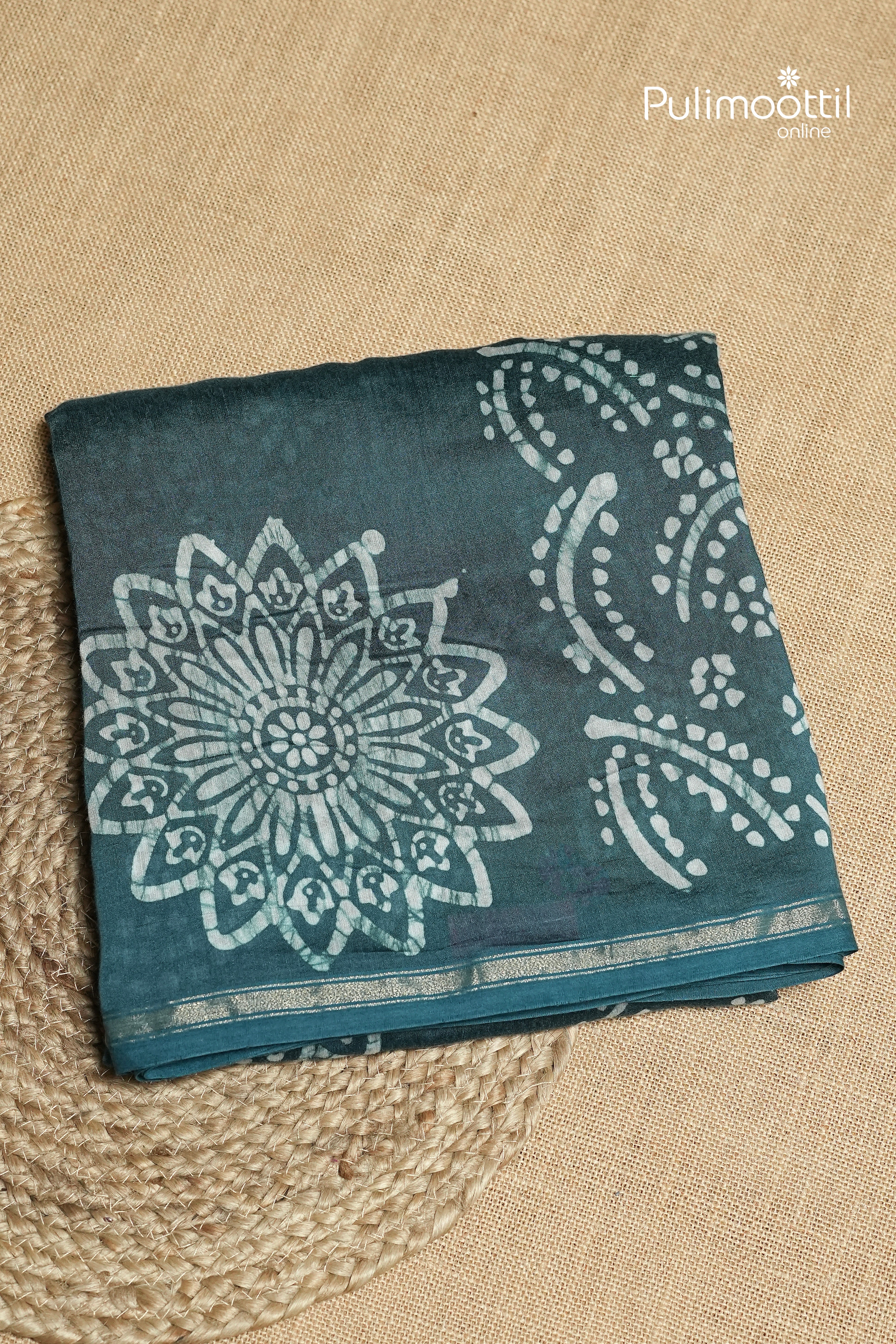 Dark Steel Blue Colour Batik Design Chanderi Saree