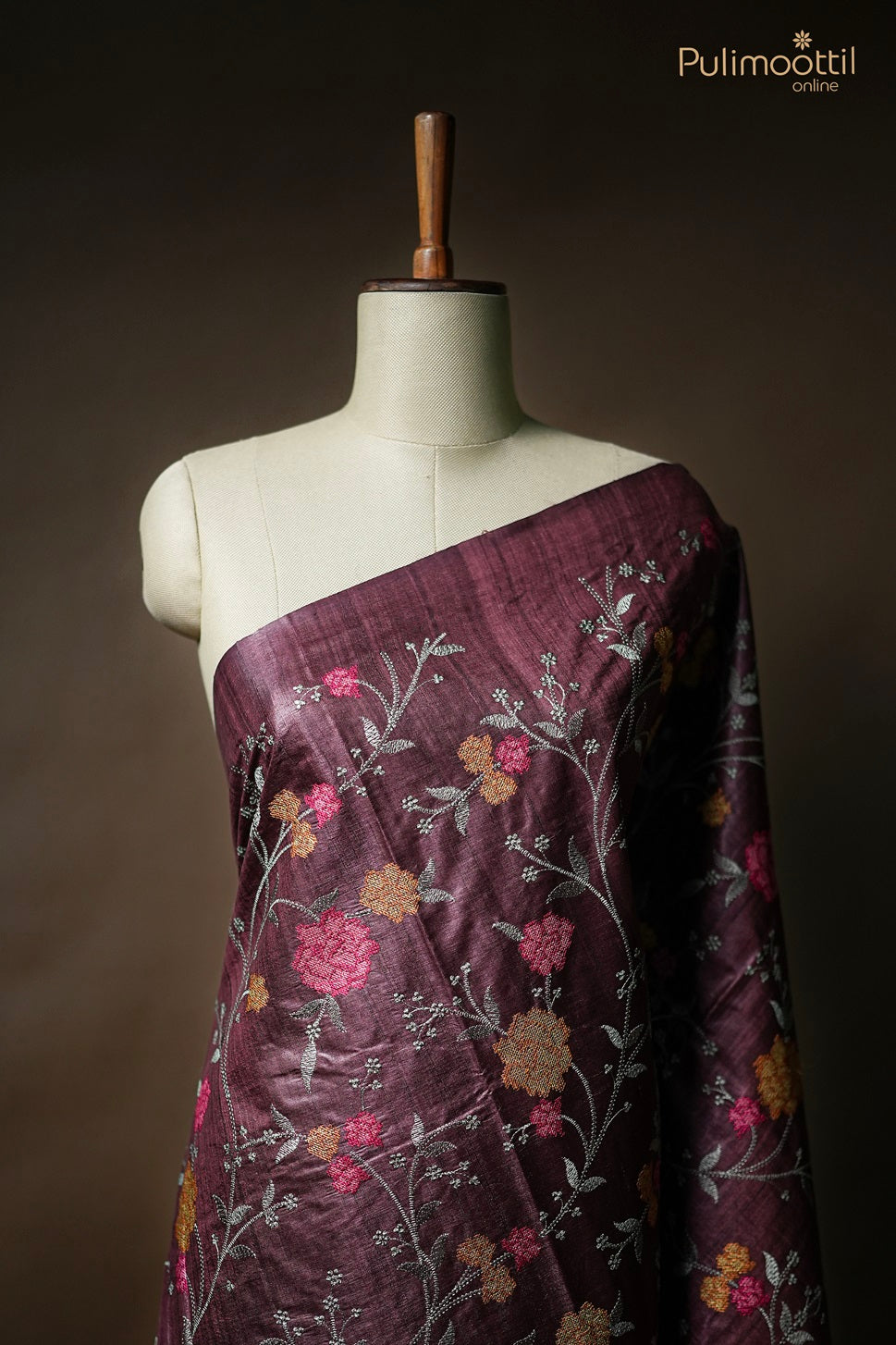 Burgundy Colour Cross Stitch Tussar Silk Saree