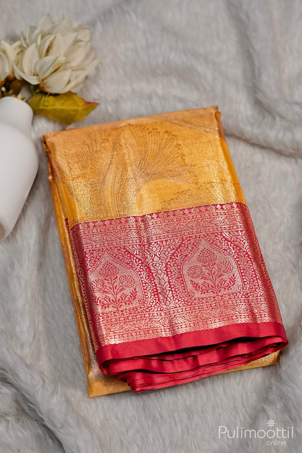 Golden Yellow Colour Tissue Wedding Saree.
