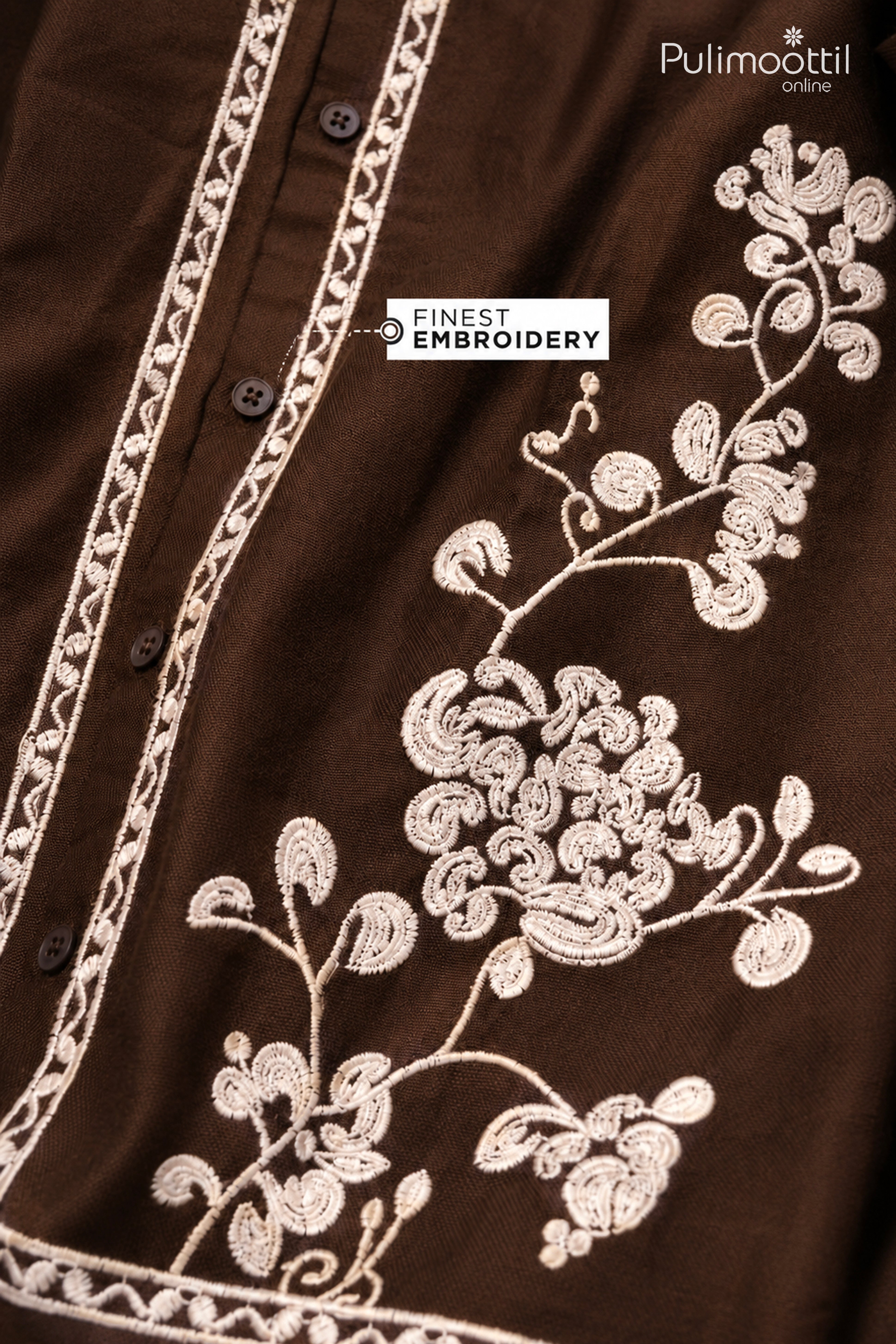 Brown Colour Cotton Shirt Featuring Kerala-inspired Floral Vine Embroidery
