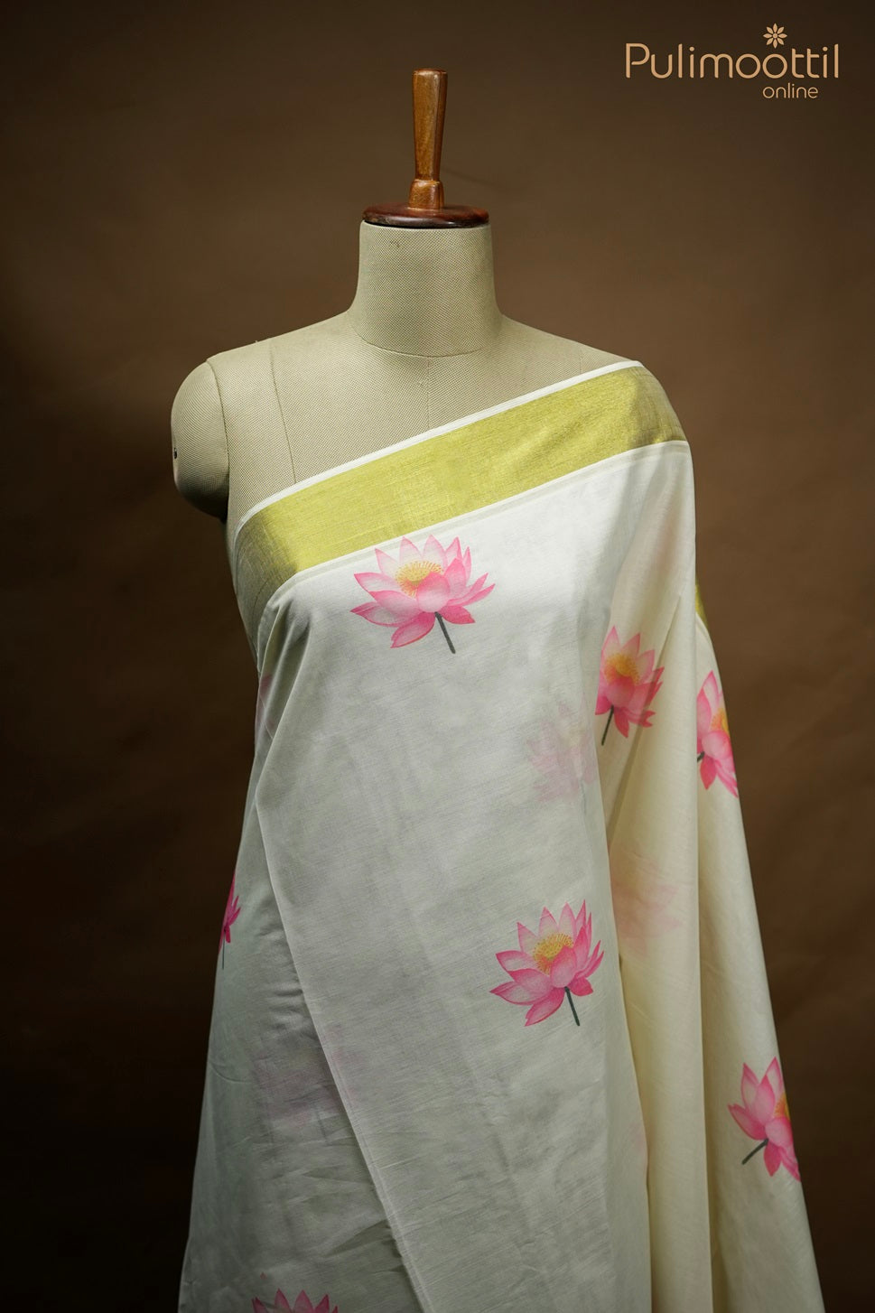 Kerala Golden Tissue Lotus Print Set Saree.