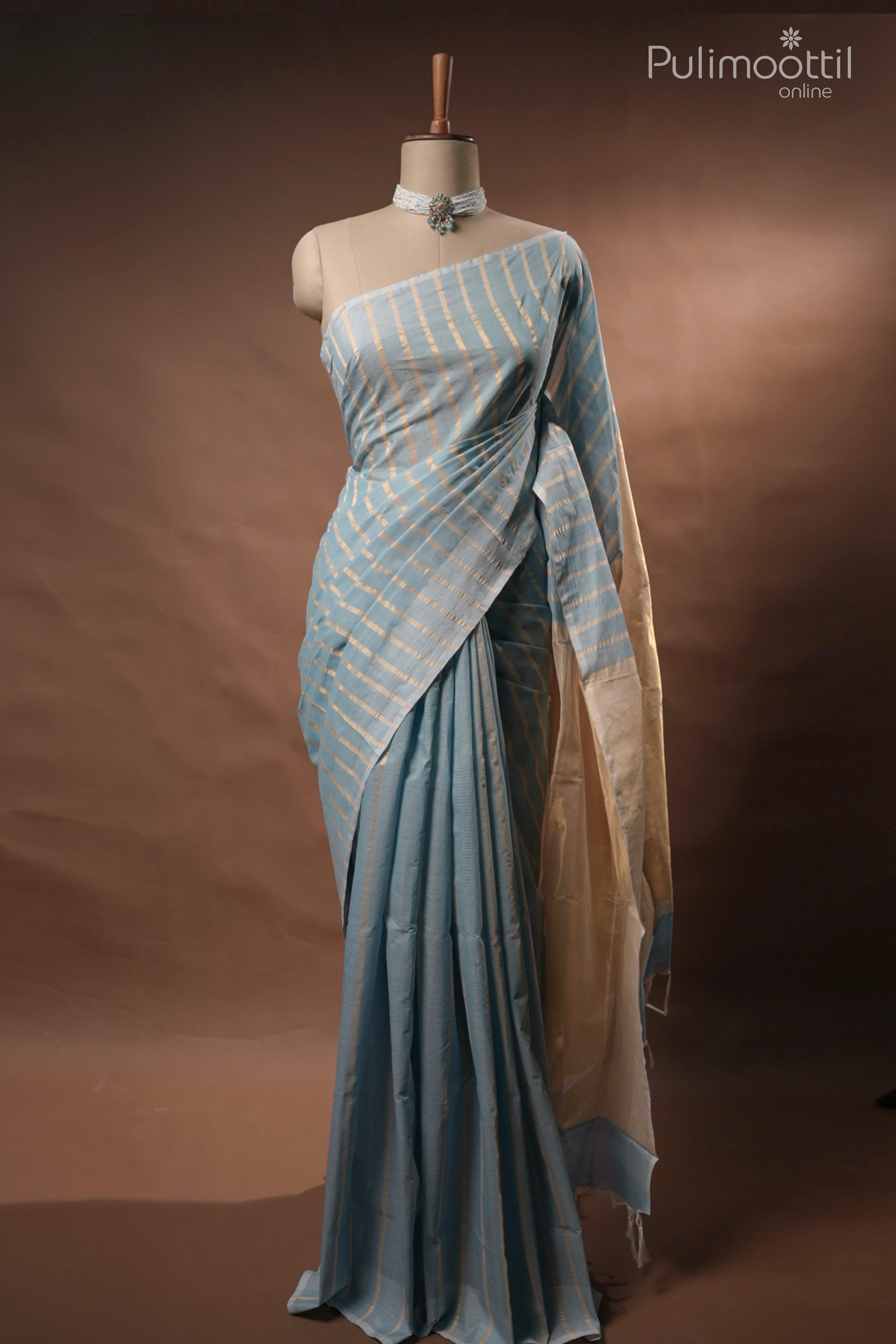 Sky Blue Colour Kerala Traditional Pure Handloom Onam Kerala Saree