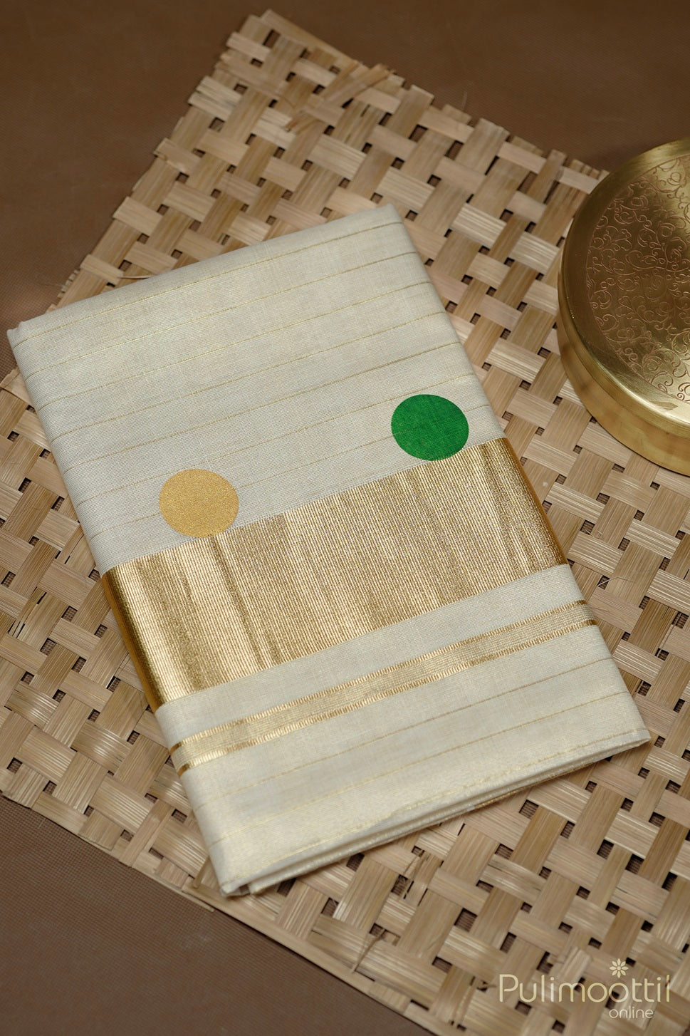 Kerala Golden Tissue Polka Dot Set Saree.