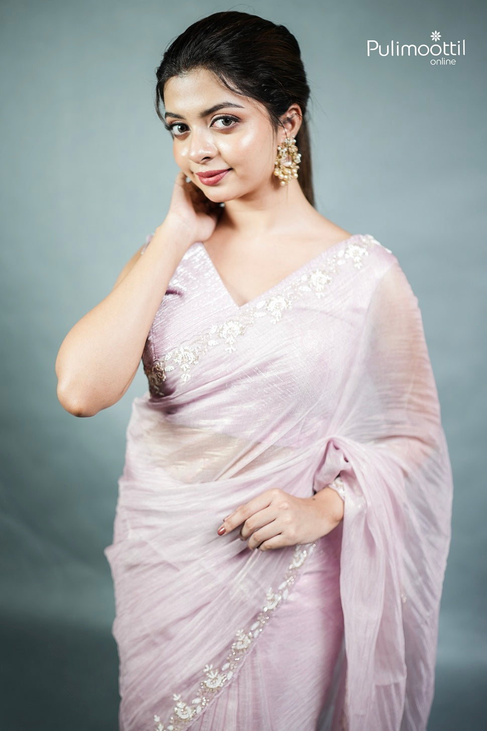 Pastel Lavender Colour Shimmer Crushed Organza Fancy Saree