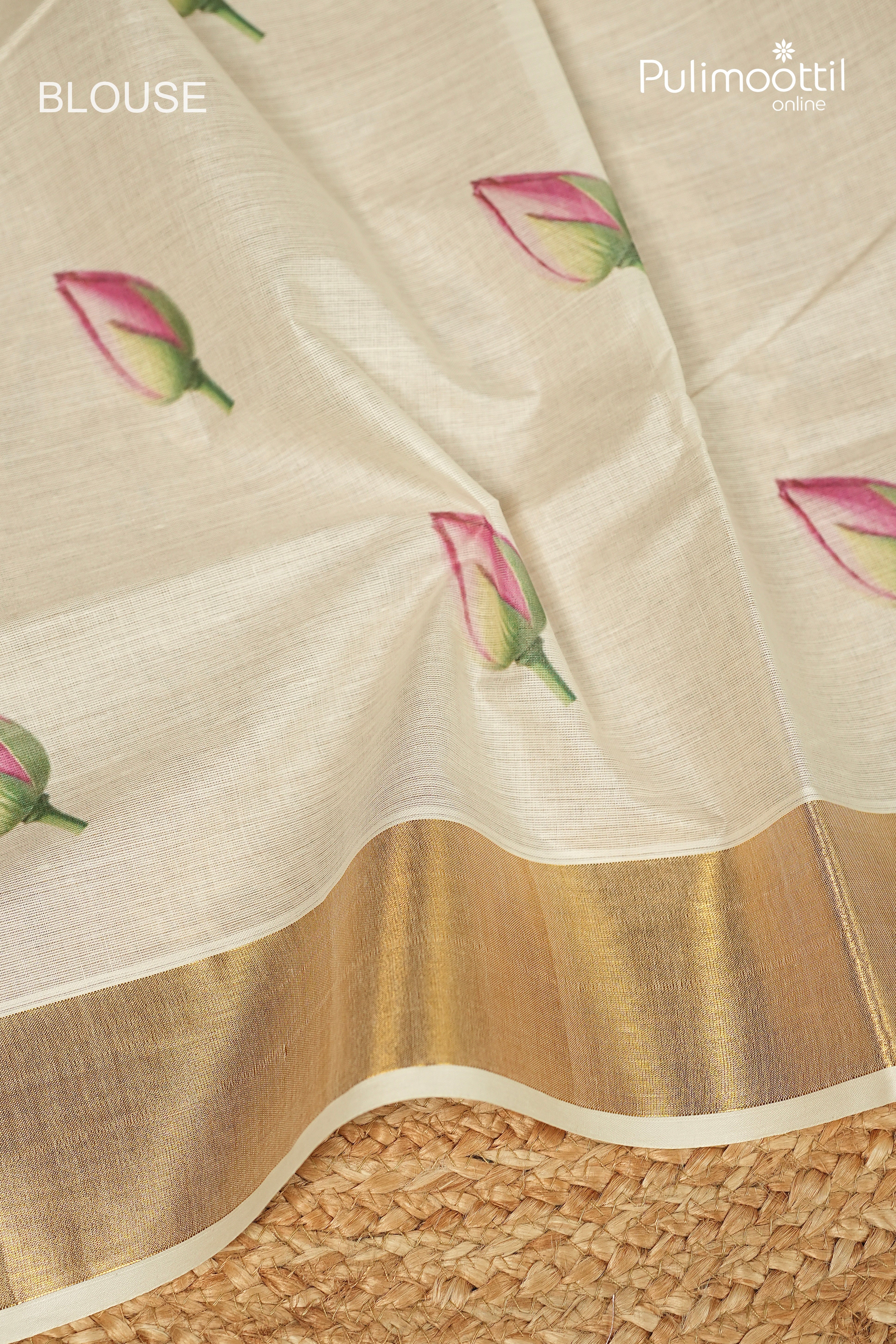 Kerala Traditional Lotus Digital Printed Cotton Set Saree