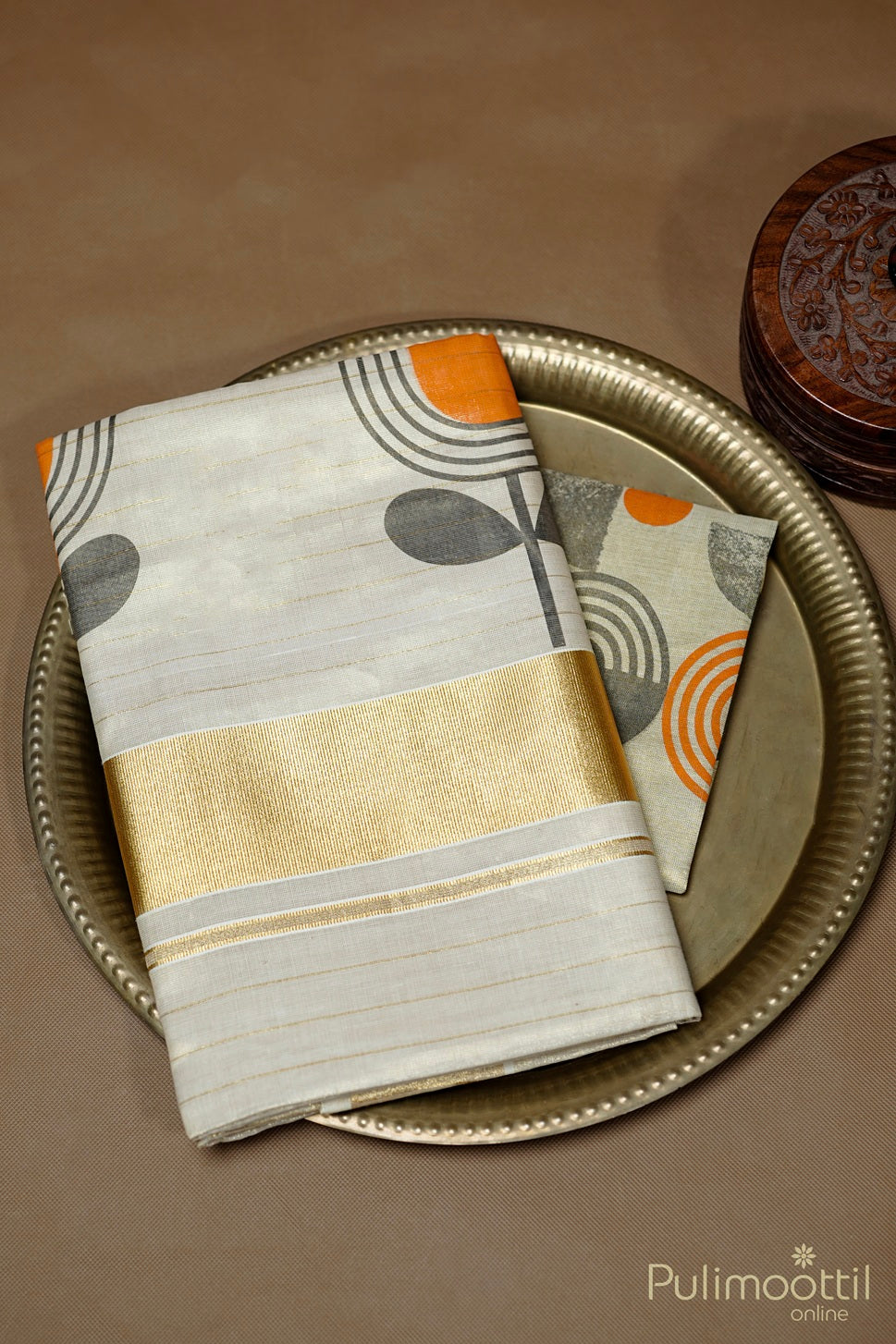 Kerala Golden Tissue Printed and Golden Striped Set Saree.