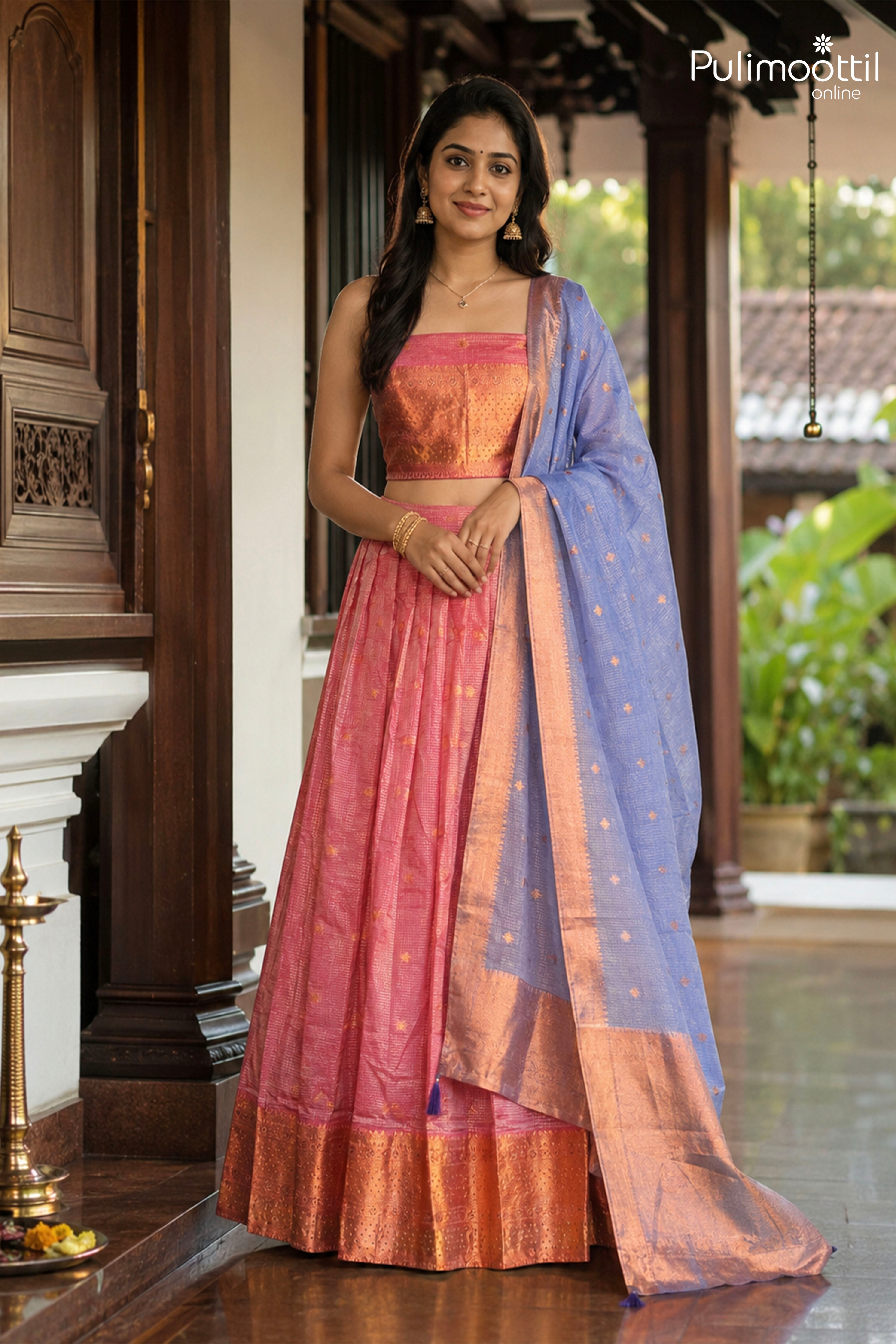Pink Color Grid Set Onam Special Dhavani Set