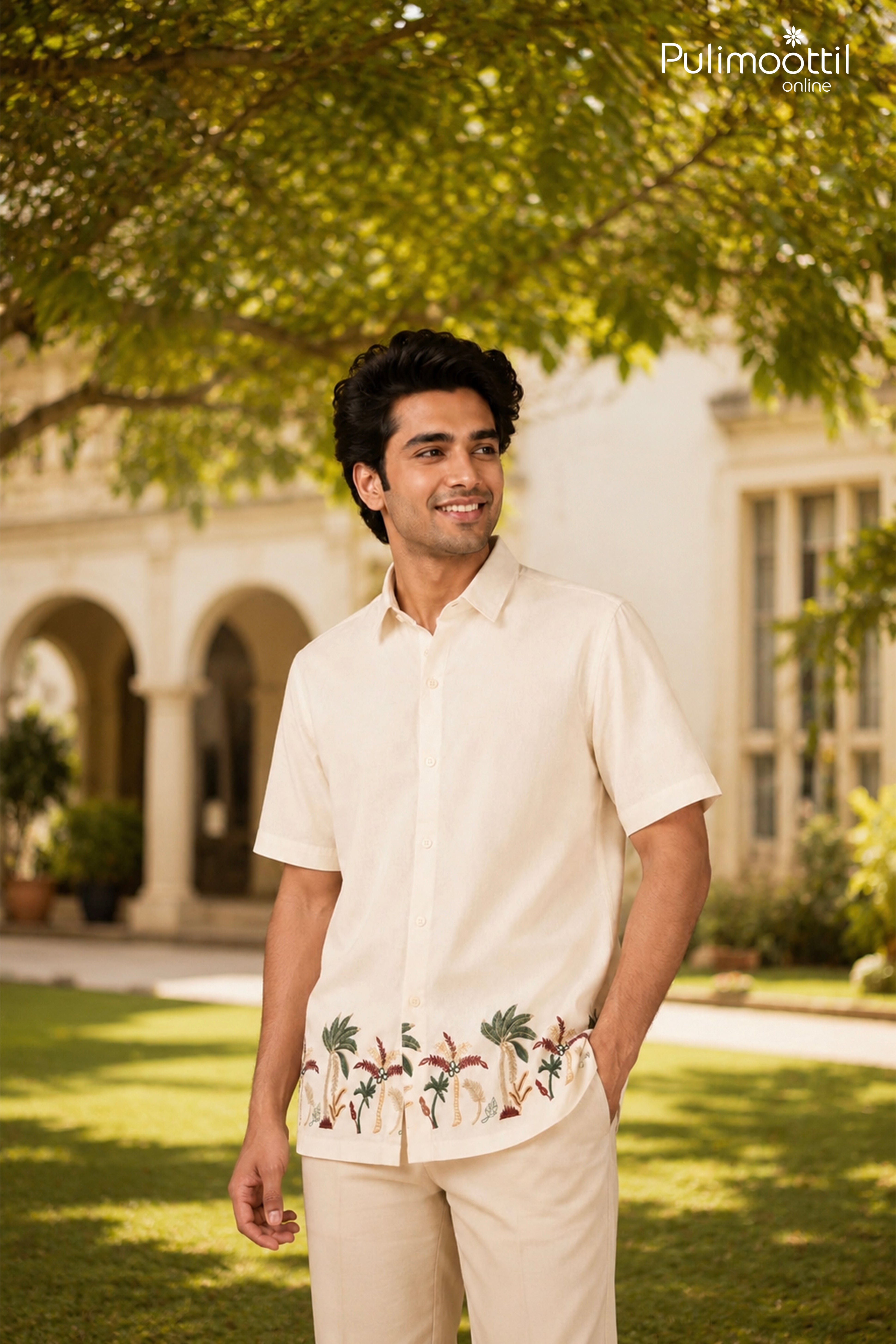 Off White Colour Cotton Shirt Featuring Coconut Tree & Floral Thread Embroidery