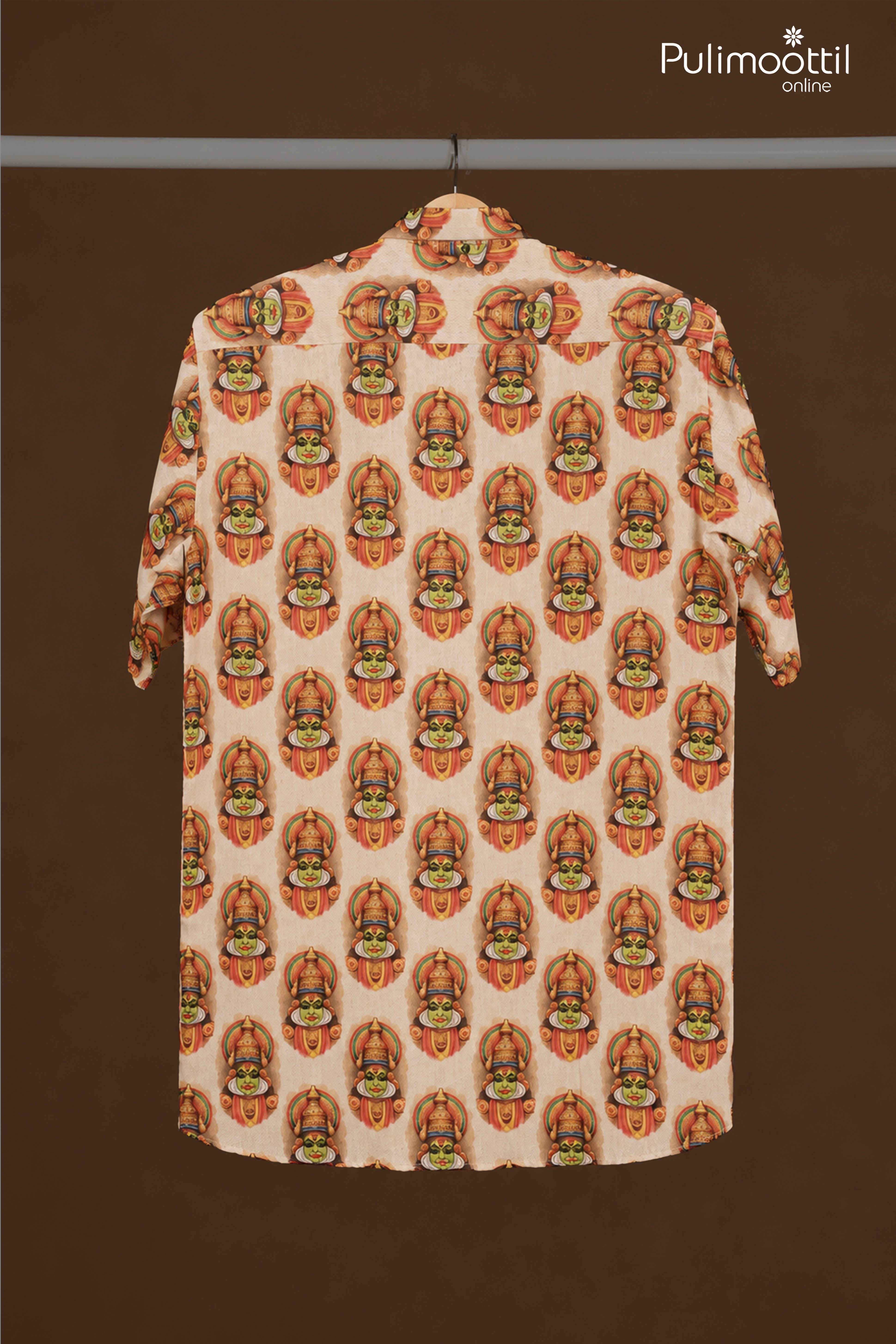 Off White Half Sleeve Mens Shirt With Kerala Kathakali Face Print