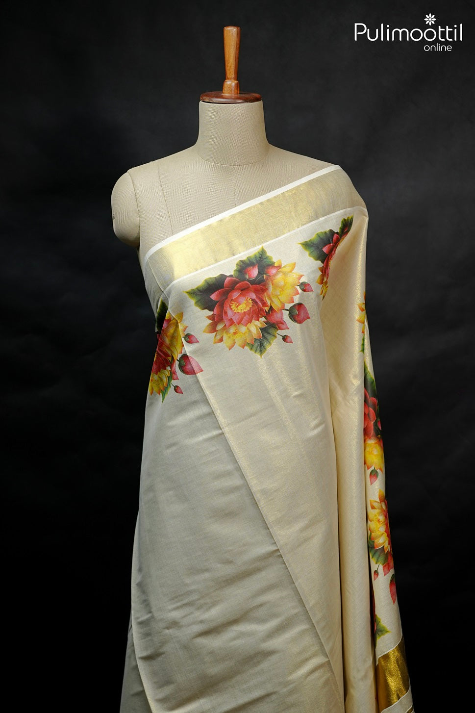 Kerala Golden Tissue Lotus Print Set Saree.